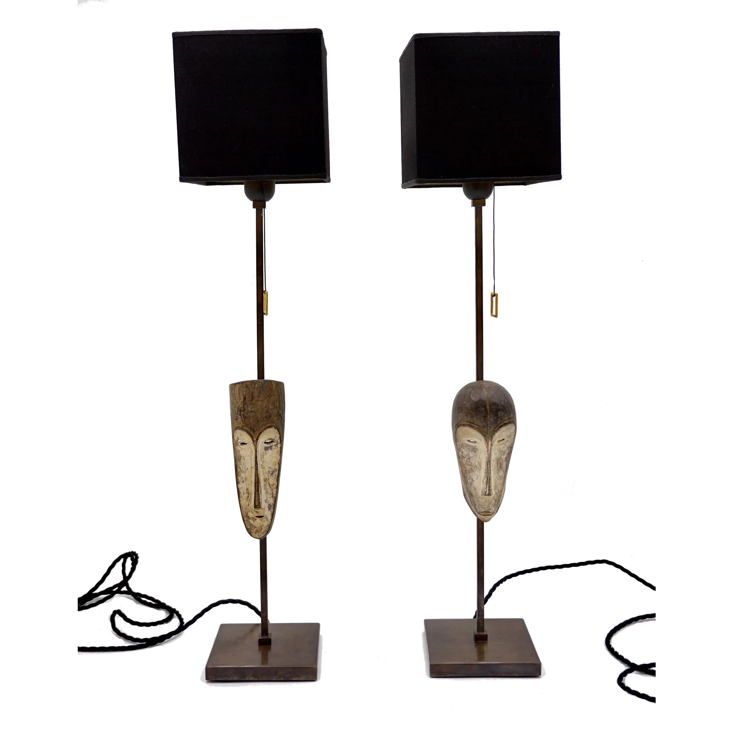 "Masterpieces of Light" pair of cubist table lamps with Fang Ngil masks, 1910 — Lorenzo Ciompi