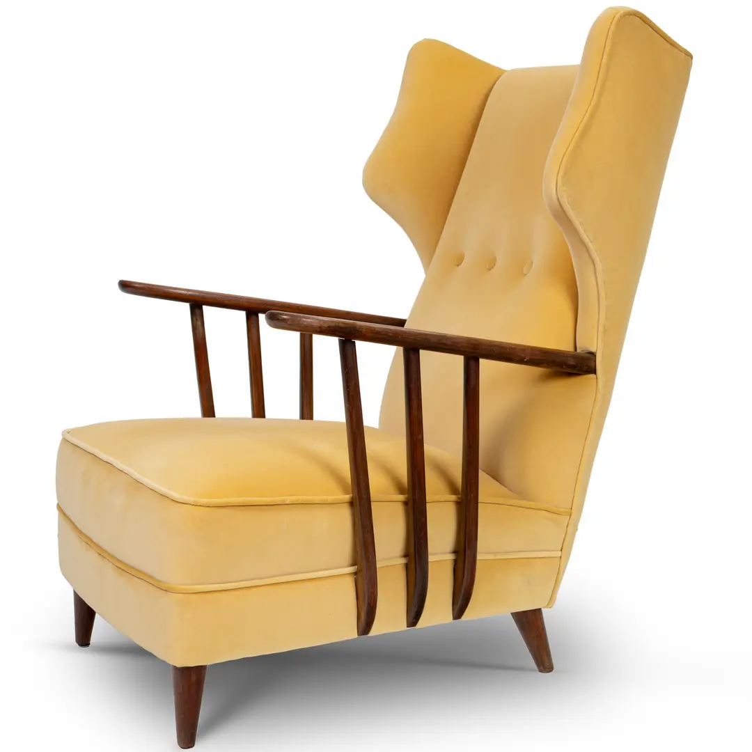 Ico Parisi yellow velvet and walnut bergere armchair by Ariberto Colombo,1950 — image 2