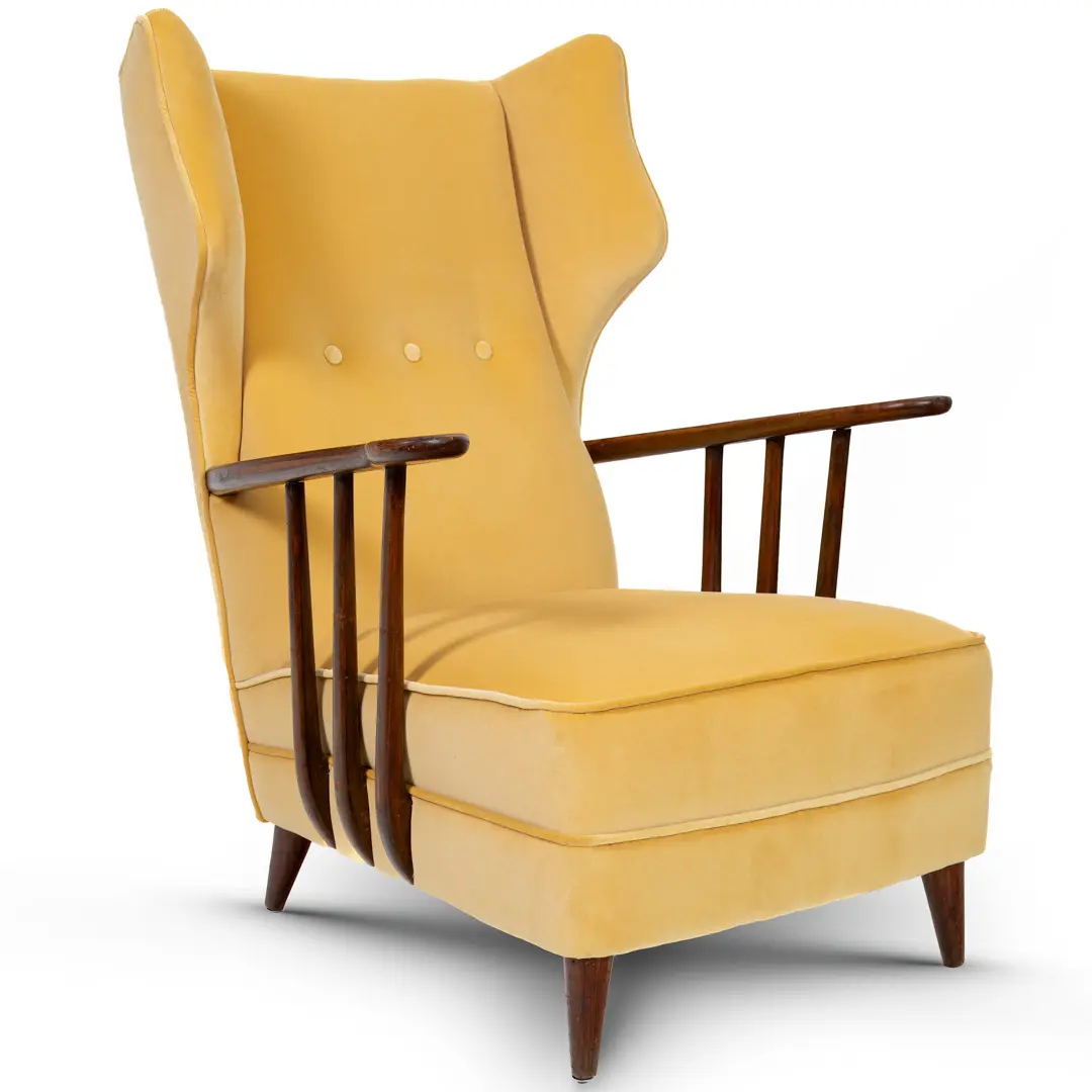 Ico Parisi yellow velvet and walnut bergere armchair by Ariberto Colombo,1950 — Ico Parisi