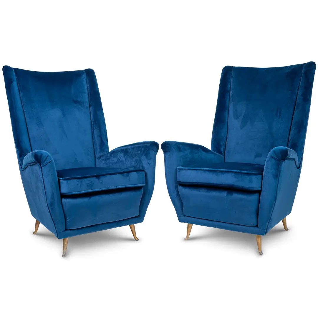pair of blu velvet Gio Ponti bergere wingback armchairs by ISA, 1950 — Gio Ponti