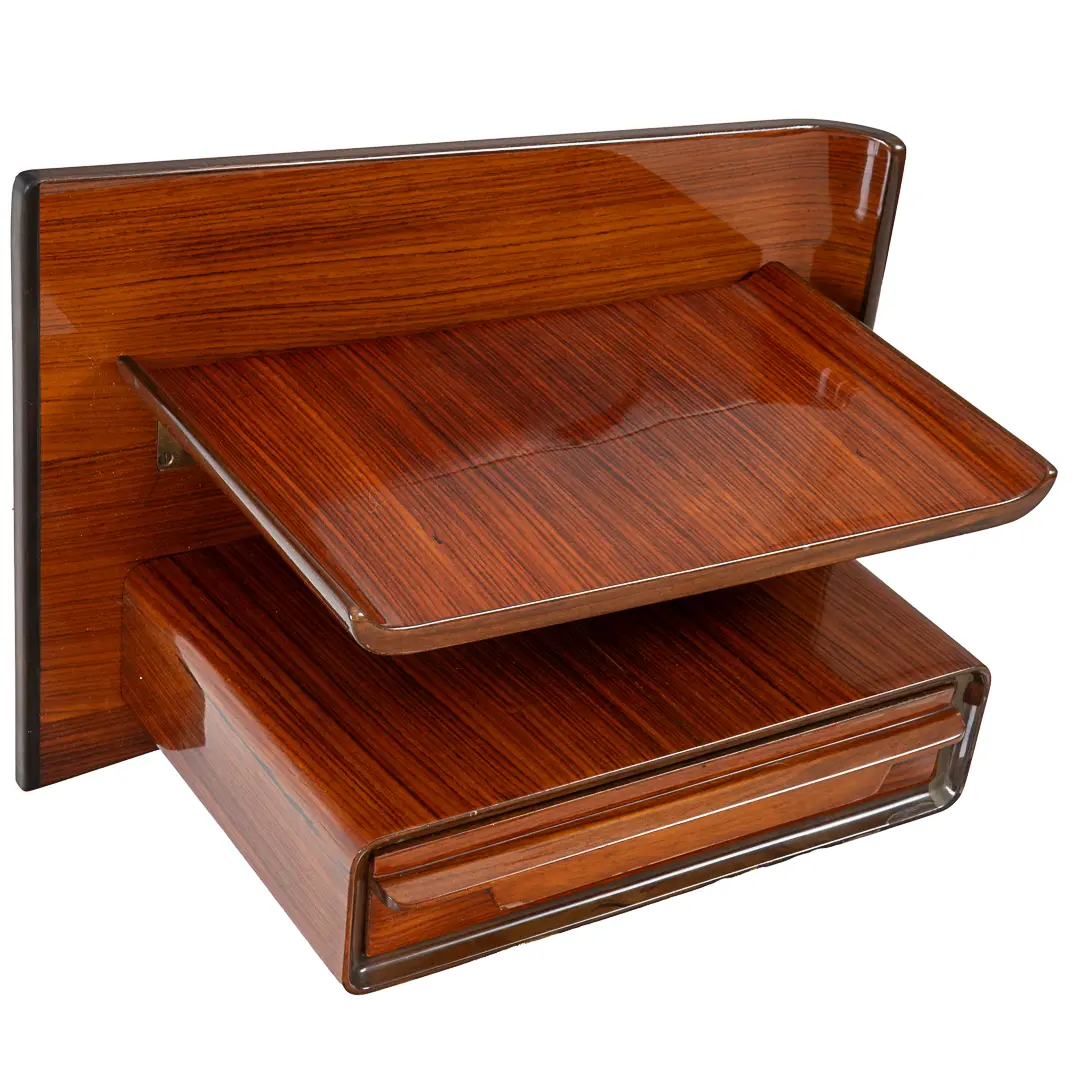 pair of unique rosewood hanging Cavatorta bedside tables, adjustable shelfs 1950 — Silvio Cavatorta