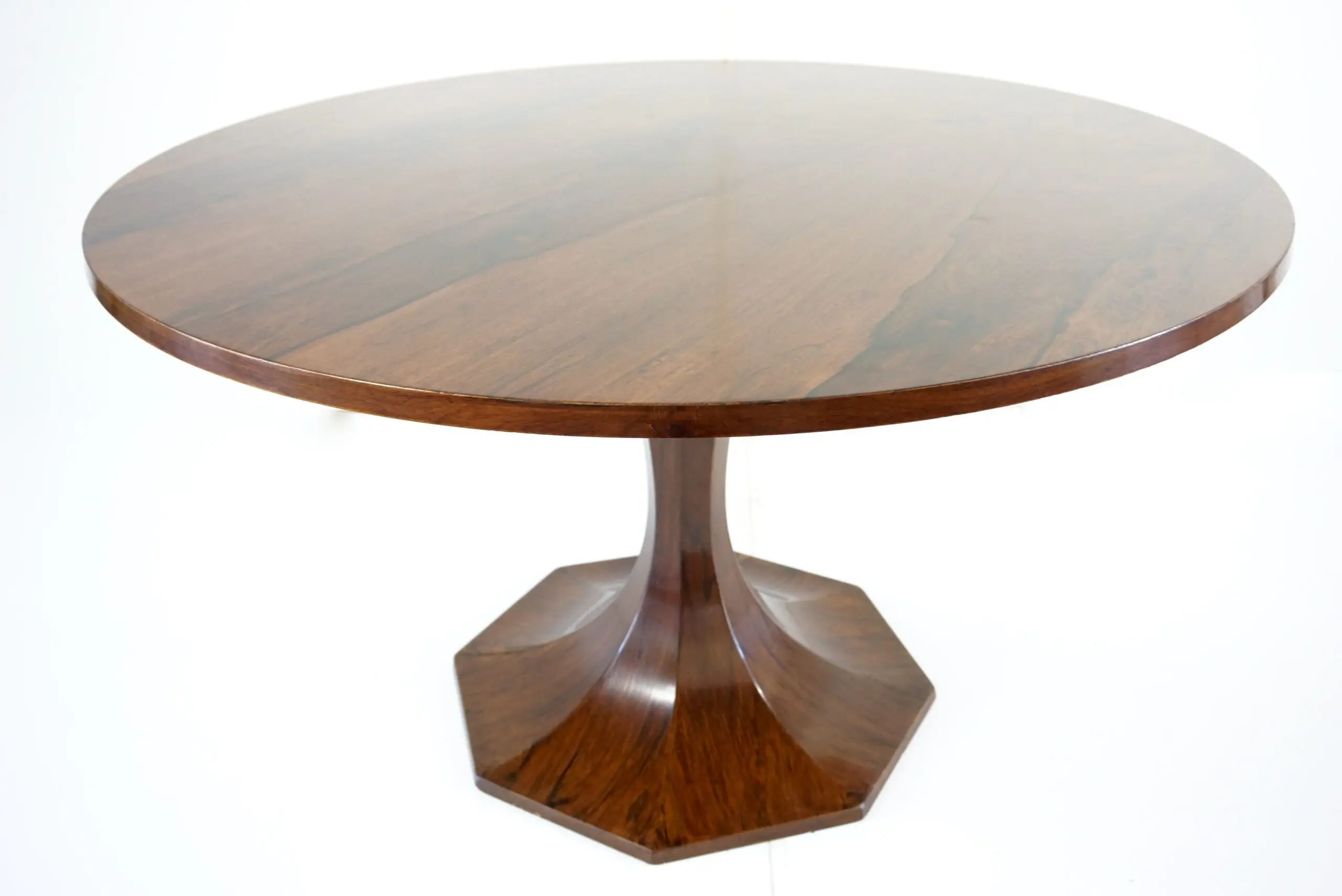 stunning  Carlo De Carli large wood veneer round pedestal dining table, 1960 — Carlo De Carli