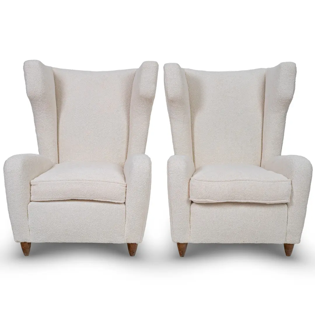 pair of Paolo Buffa white  bouclette high wingback  Bergere armchairs, 1950 — Paolo Buffa