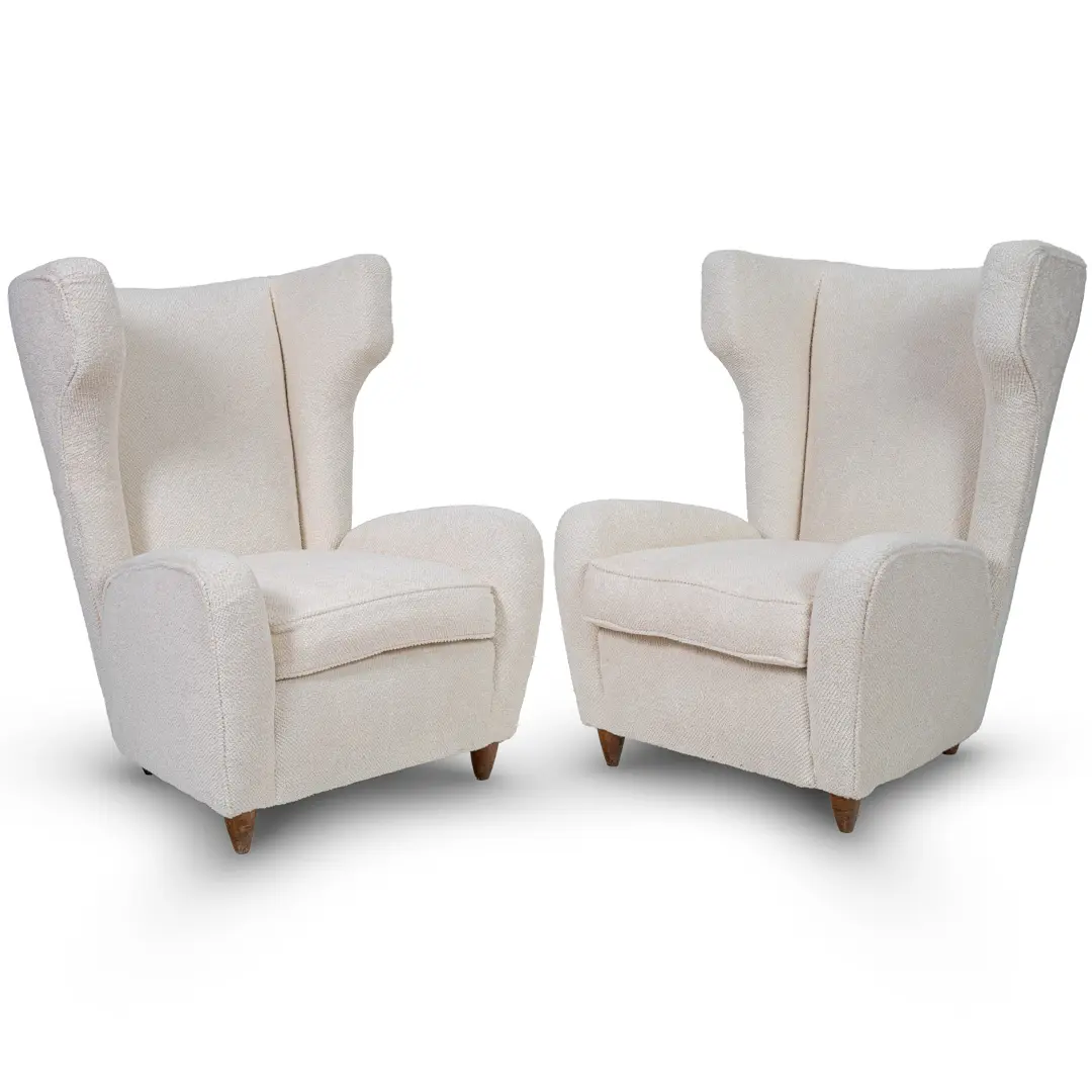 pair of Paolo Buffa white  bouclette high wingback  Bergere armchairs, 1950 — photo 17