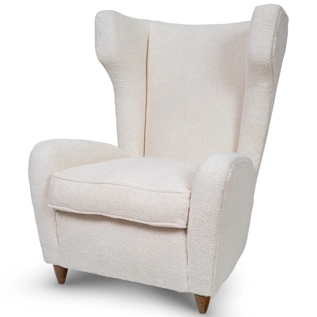 pair of Paolo Buffa white bouclette high wingback Bergere armchairs, 1950 — image 2