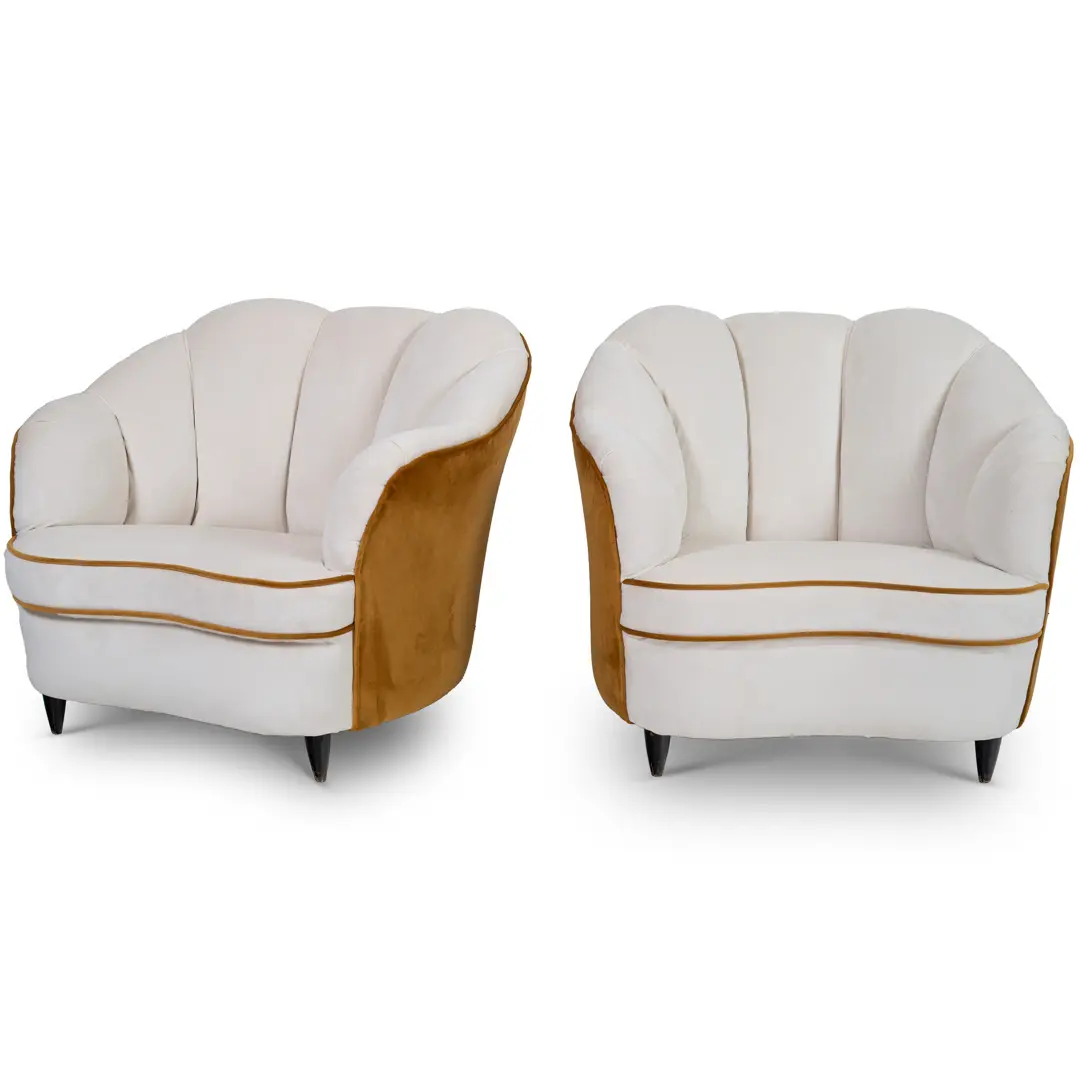 pair of Gio Ponti  velvet bicolor white and yellow armchairs, Casa & Giardino 1940 — Gio Ponti