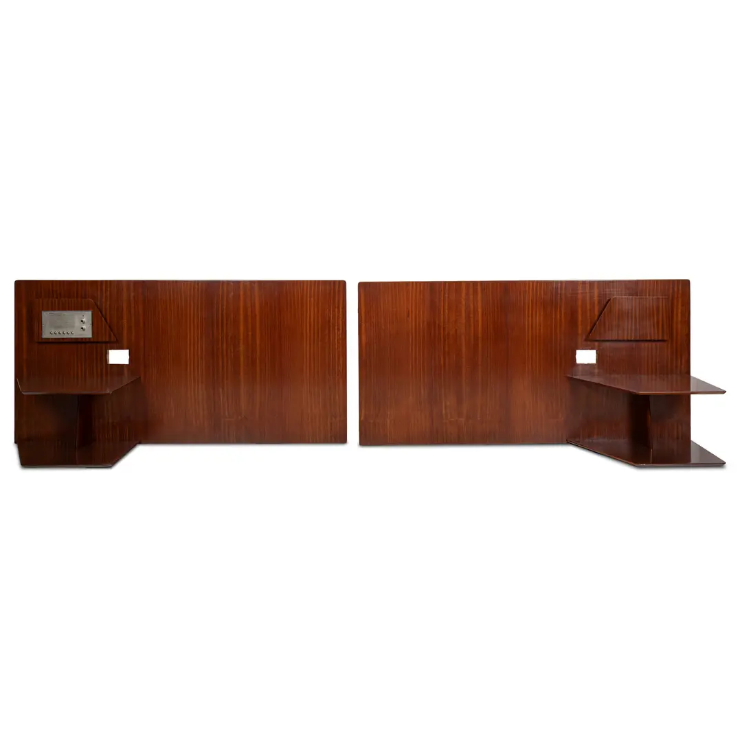 Gio Ponti, pair  of rare mahogany  headboards with fitted bedside tables, Hotel Royal, 1955 — Gio Ponti