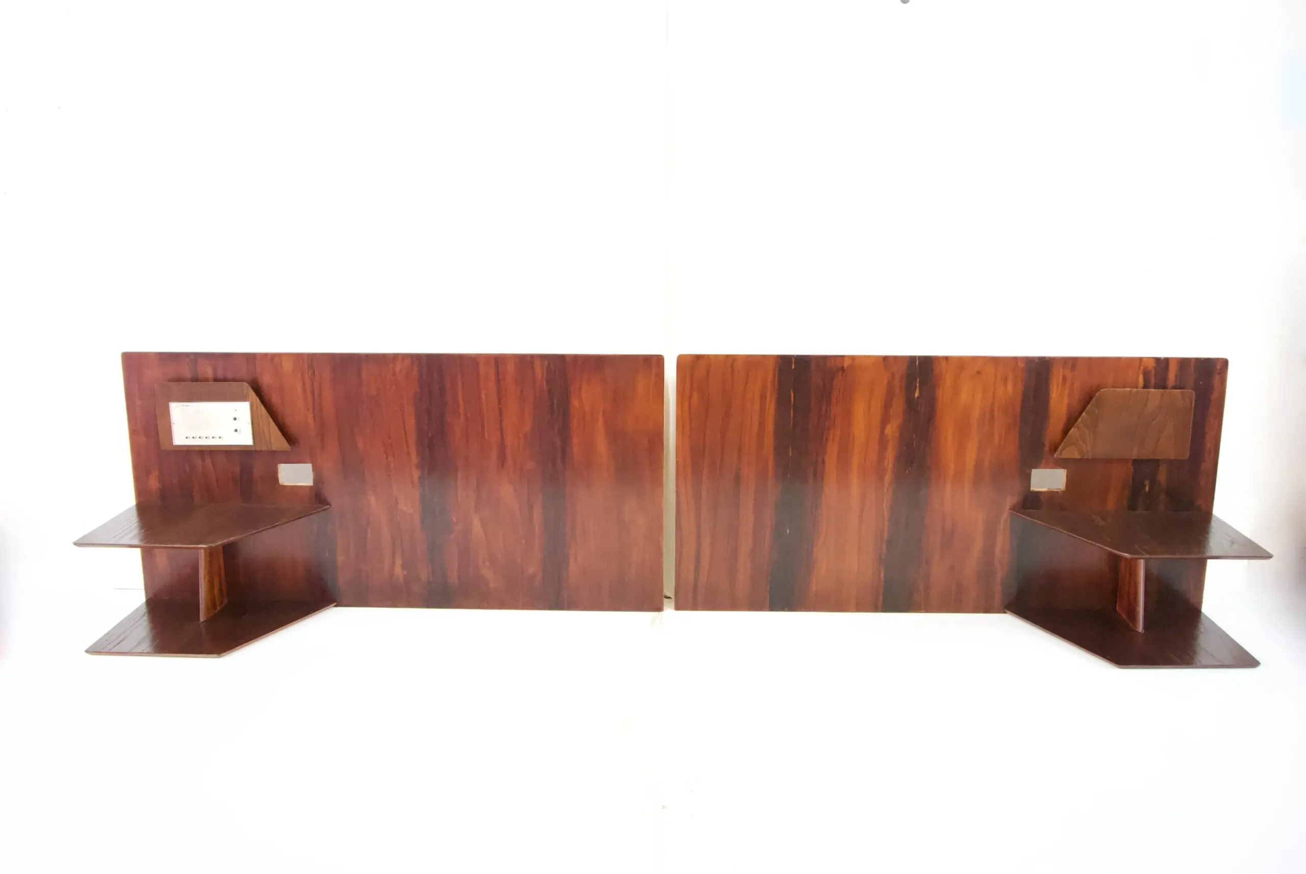 Gio Ponti, pair flamed mahogany Headboard, fitted bedside tables, Hotel Royal, 1955 — Gio Ponti
