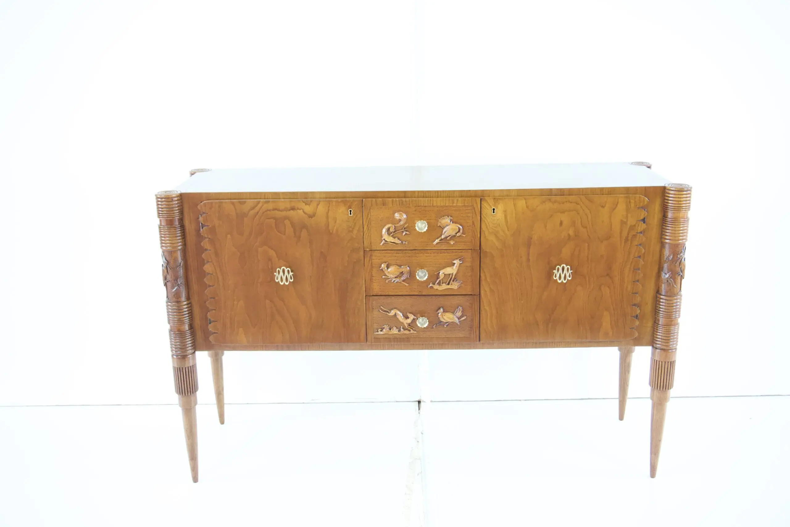 Pierluigi Colli sideboard carved wood, veneered root, two doors, drawers, 1940 — Unknown