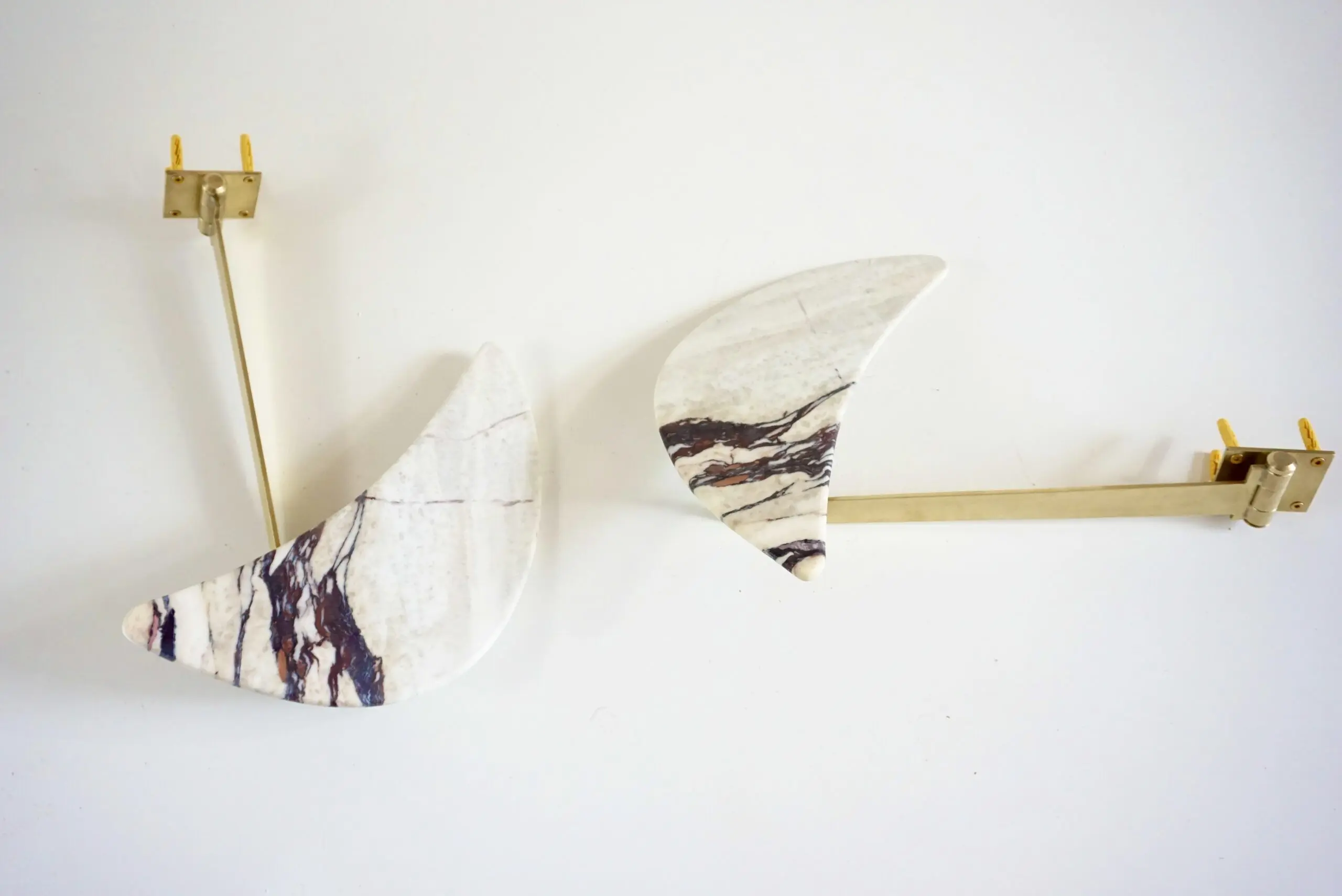 pair of unique breccia and brass hanging bed side tables, adjustable arms, 2024 — Lorenzo Ciompi