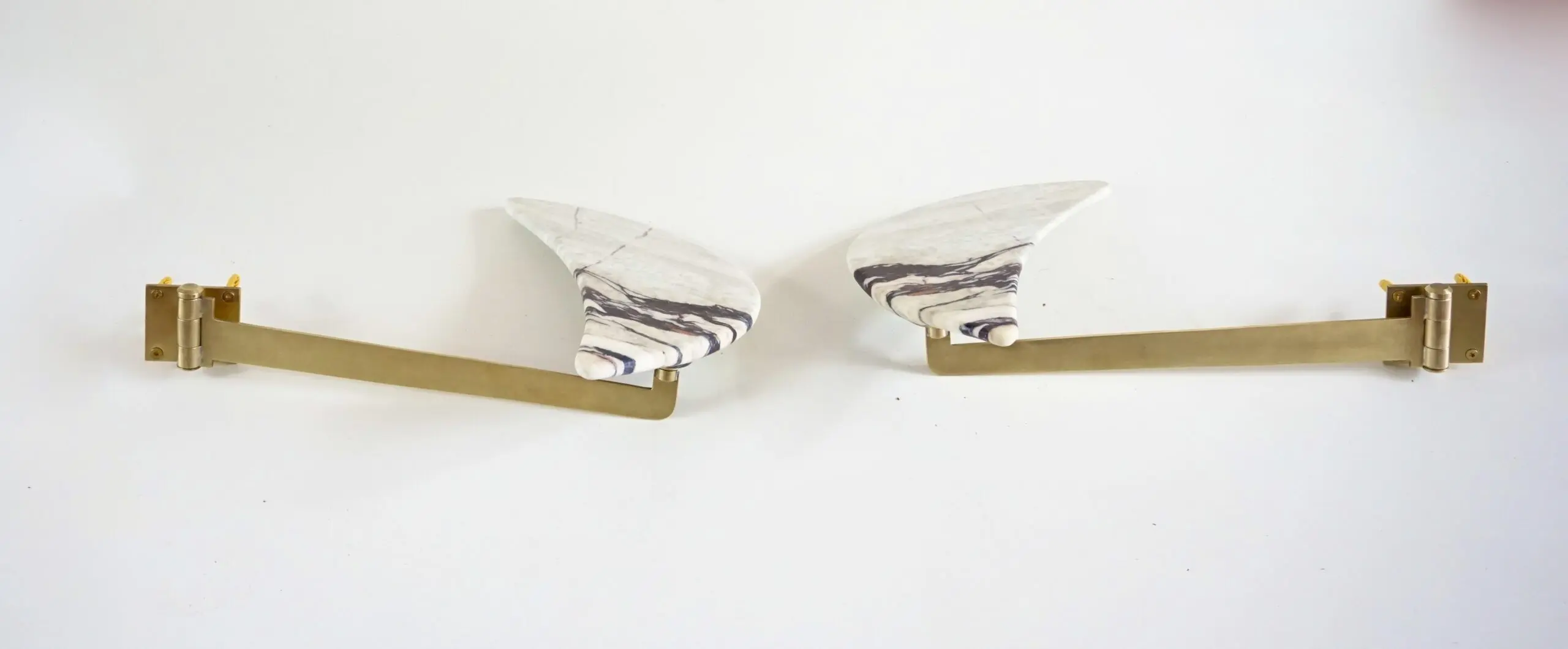pair of unique breccia and brass hanging bed side tables, adjustable arms, 2024 — image 2