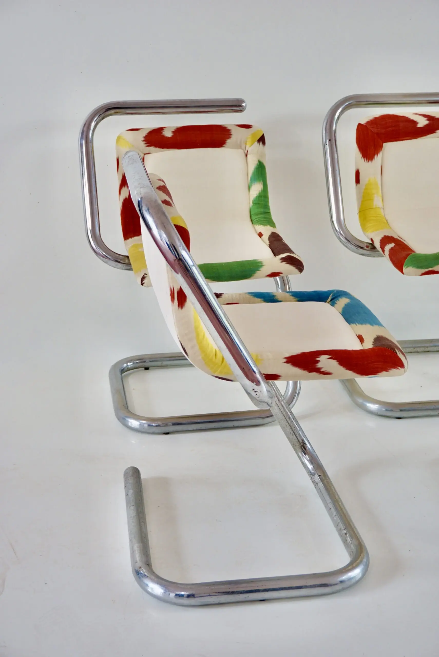 Set of Four Tubular Chrome Chairs, Velvet and Ikat, 1970 by Giotto Stoppino — photo 6