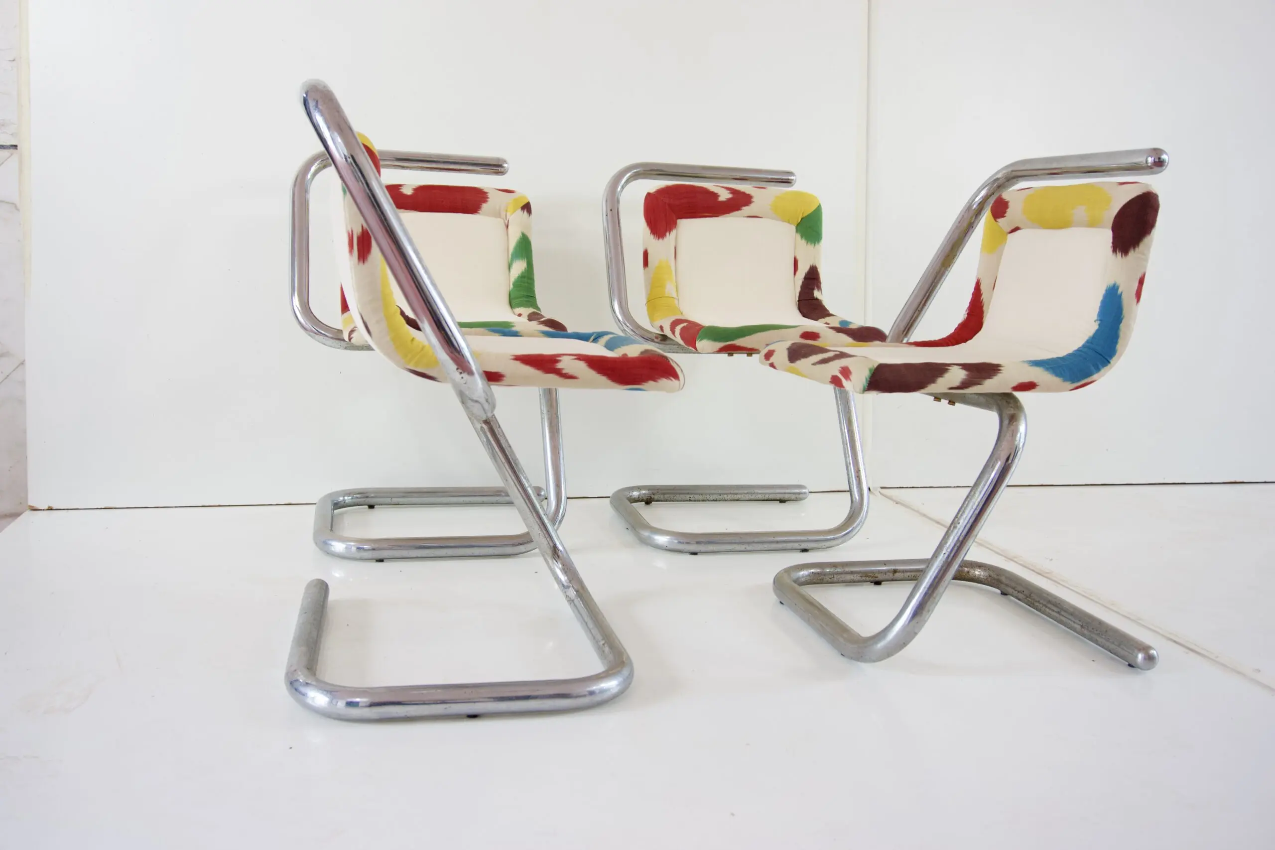 Set of Four Tubular Chrome Chairs, Velvet and Ikat, 1970 by Giotto Stoppino — photo 7