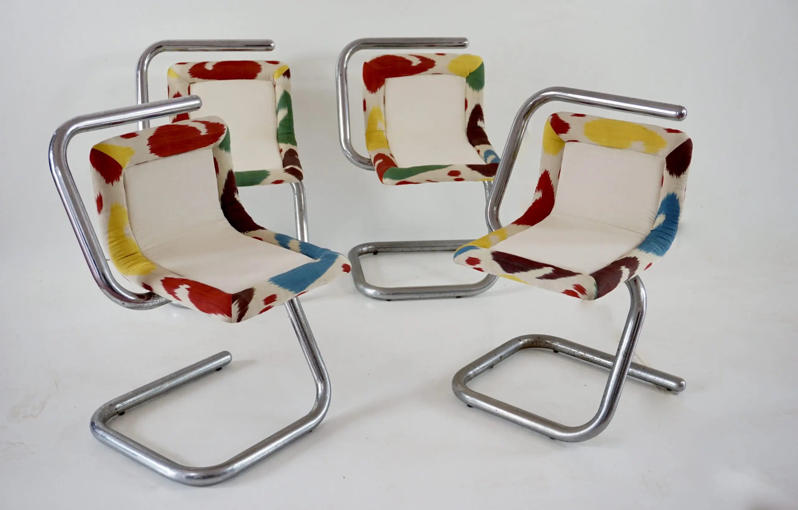 Set of Four Tubular Chrome Chairs, Velvet and Ikat, 1970 by Giotto Stoppino — photo 5