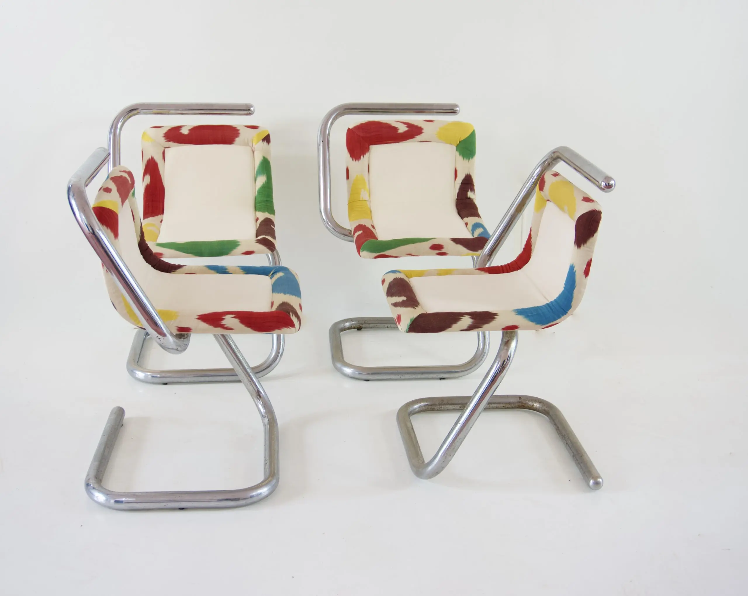 Set of Four Tubular Chrome Chairs, Velvet and Ikat, 1970 by Giotto Stoppino — Giotto Stoppino