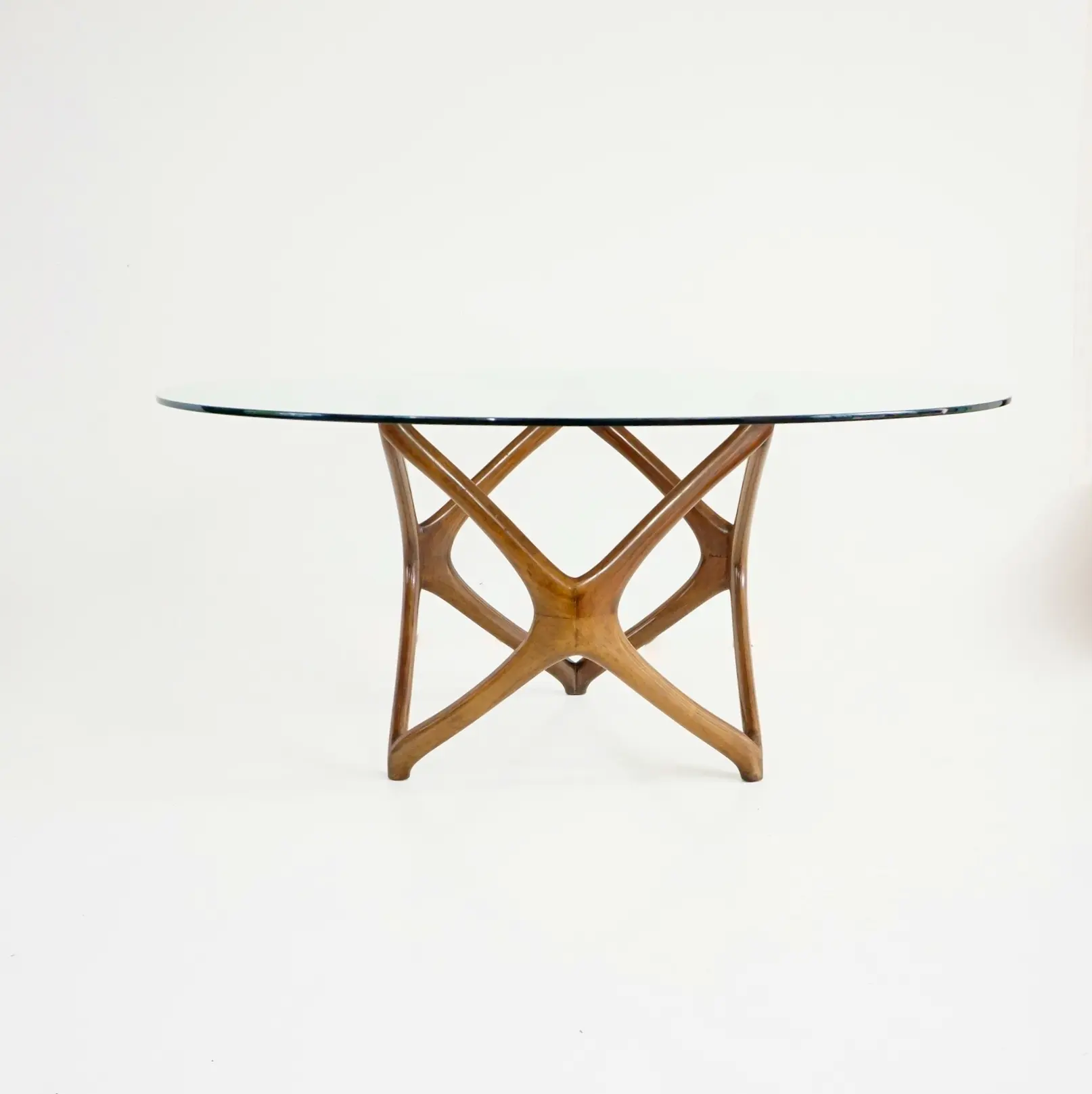 Pierluigi Giordani round coffee table, carved wood and crystal top, 1950 — Pierluigi Giordani