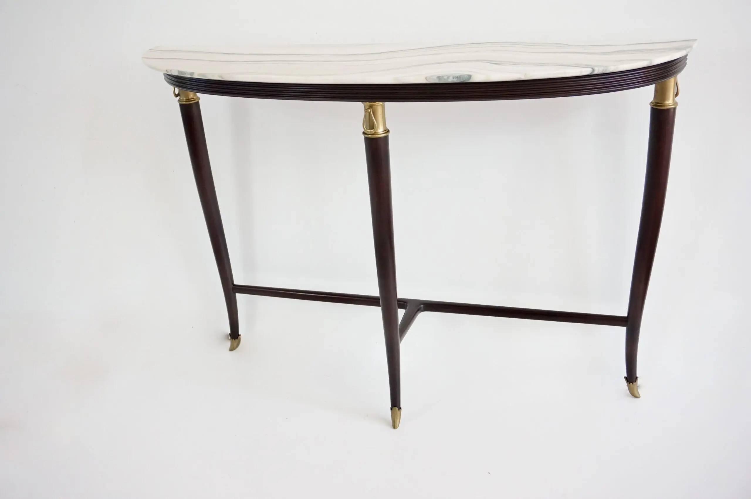 large Paolo Buffa demi-lune console, marble top, bronze details, three feet 1940 — image 2