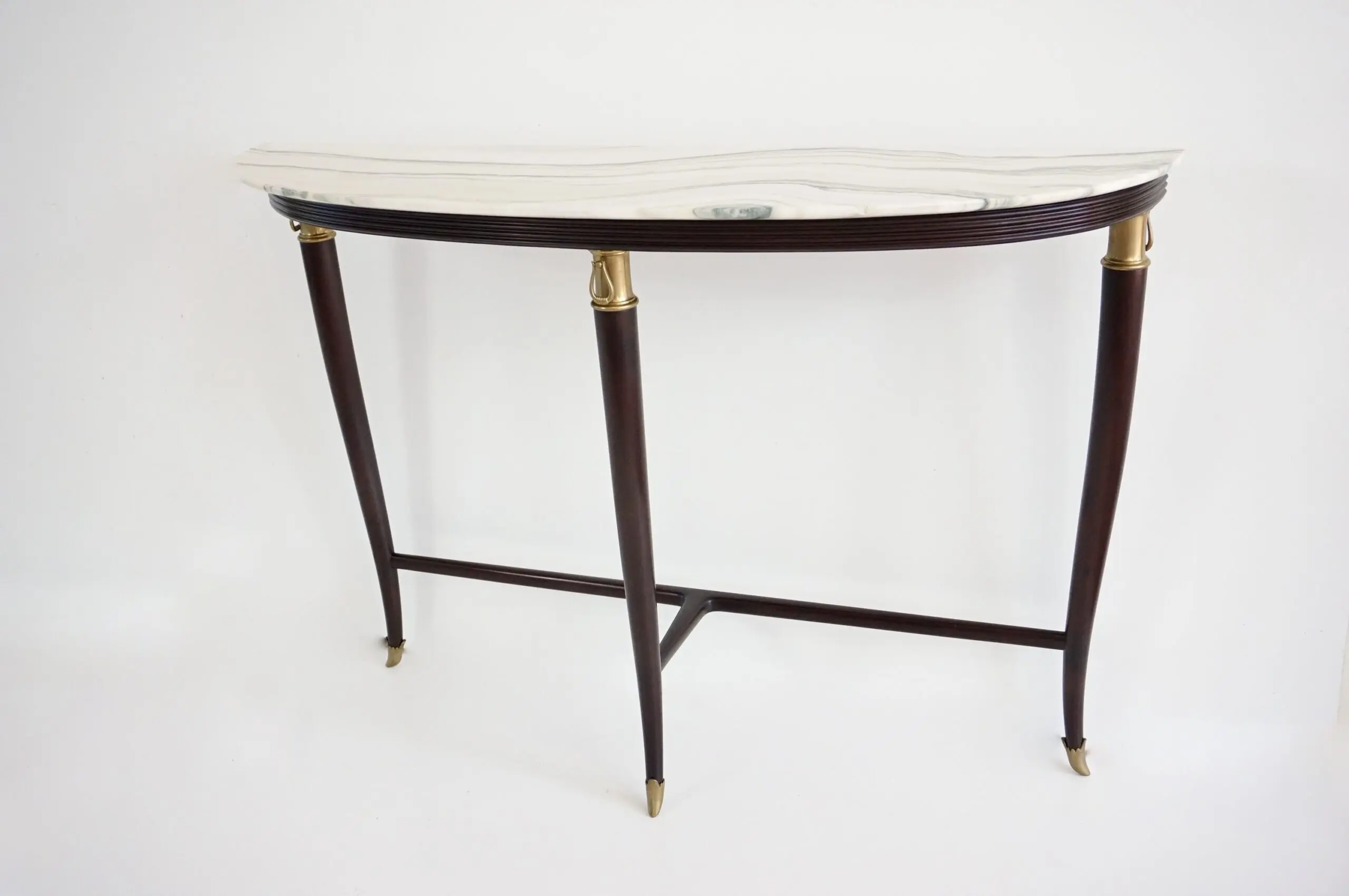 large Paolo Buffa demi-lune console, marble top, bronze details, three feet 1940 — Paolo Buffa