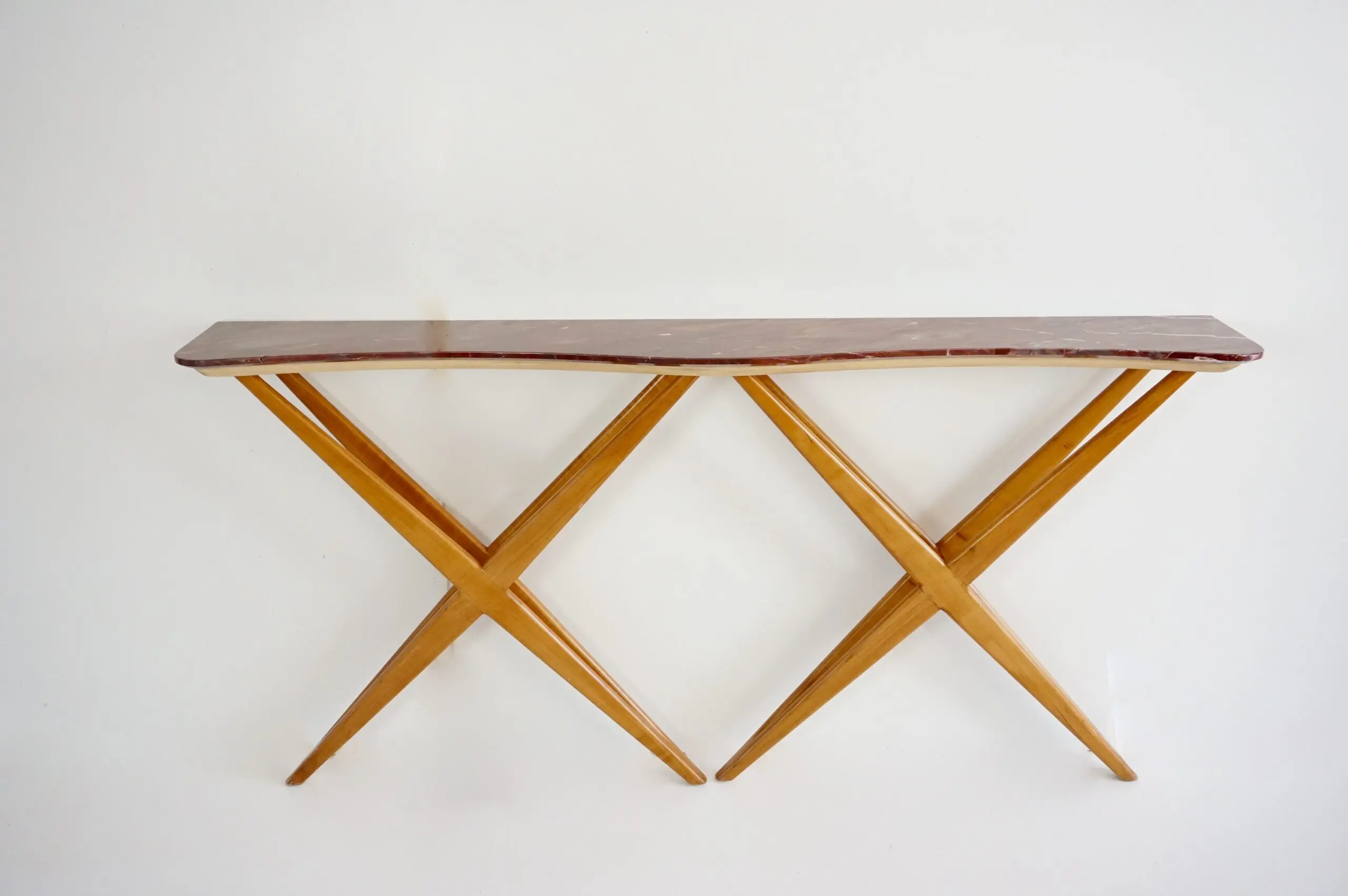 large Studio B.B.P.R. walnut and red  marble top console, double X shaped, 1944 — Studio Bbpr