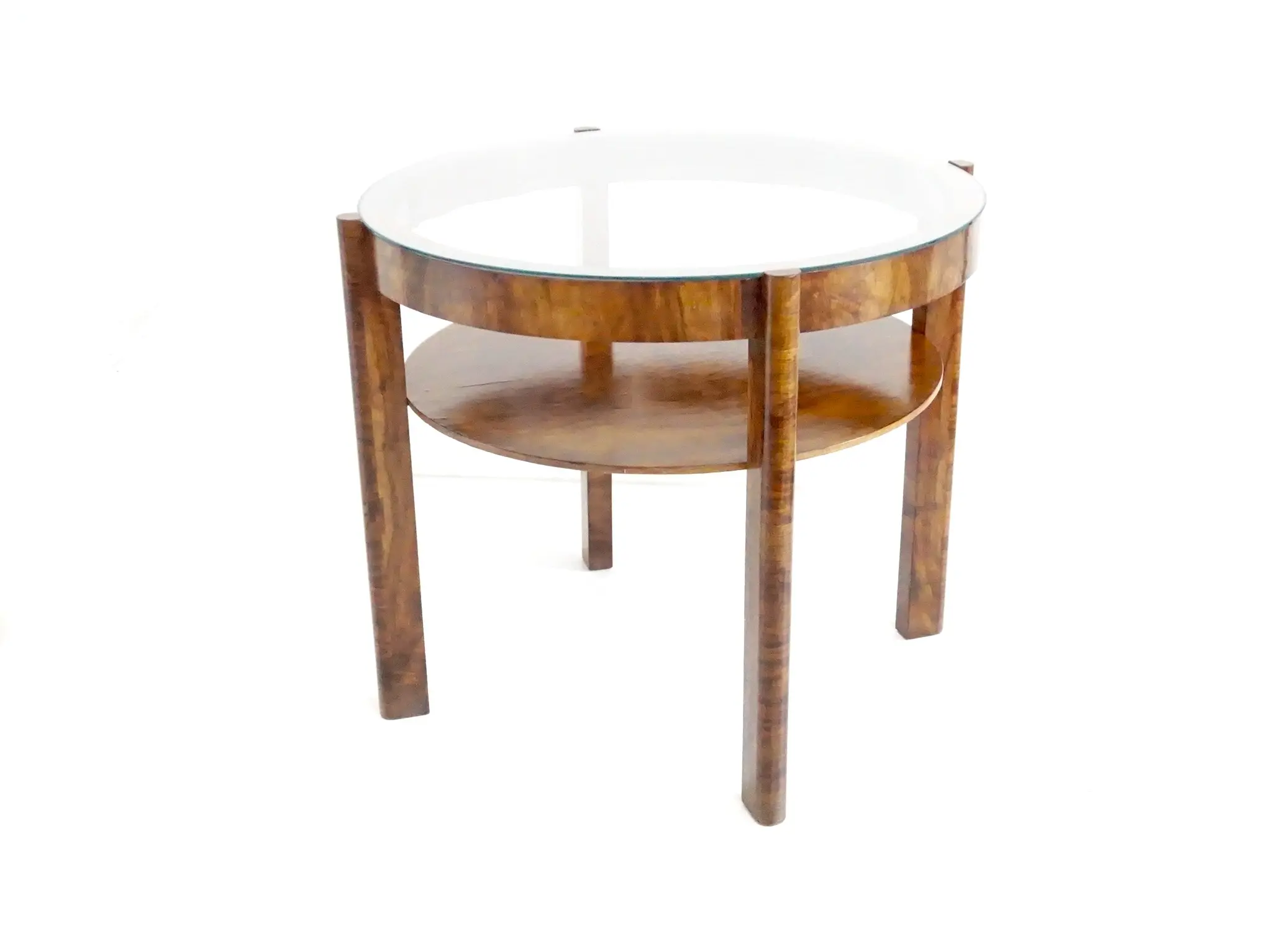 Osvaldo Borsani round walnut root deco coffee table, bi shelves, glass top, 1931 — image 2