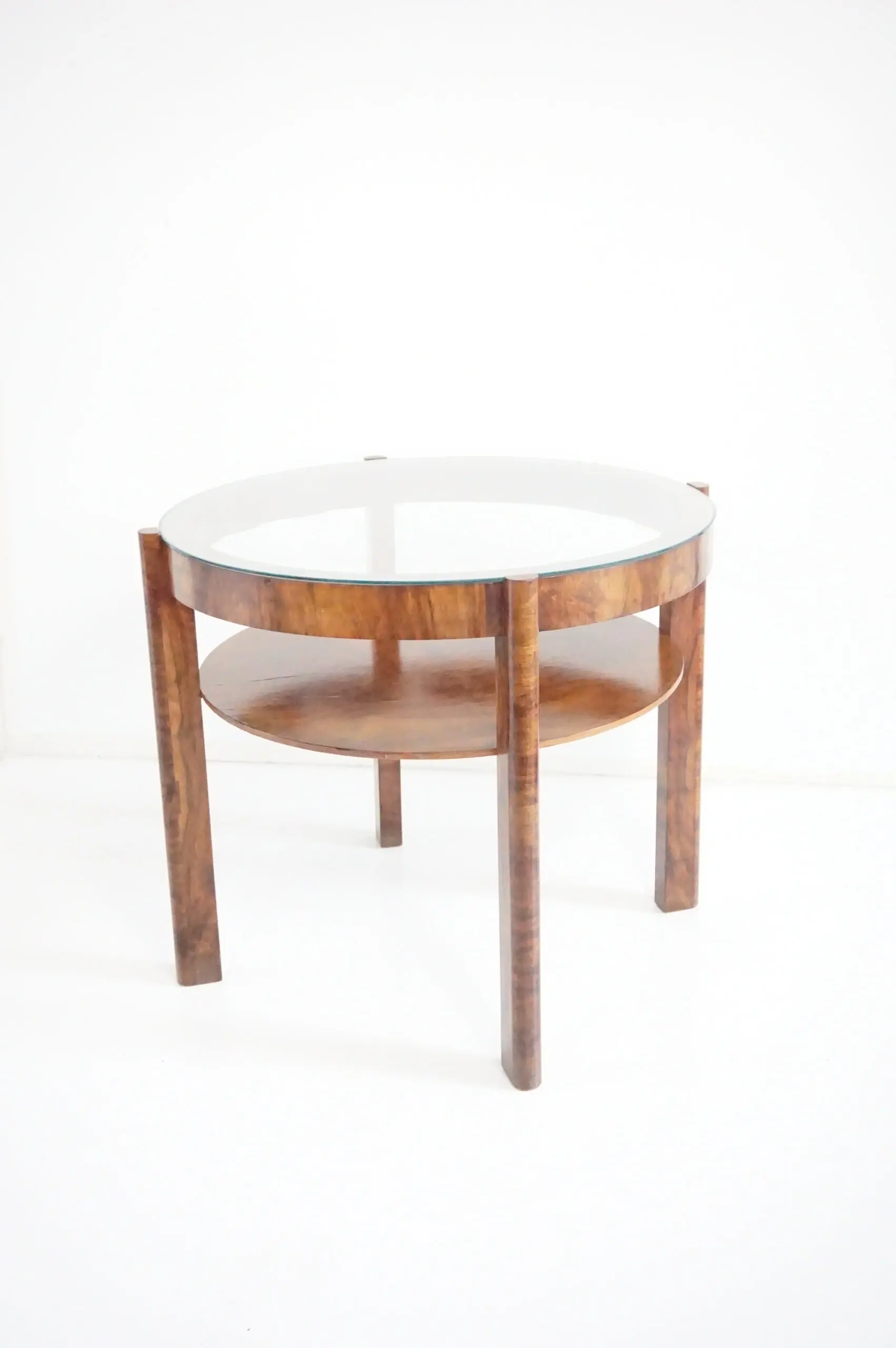 Osvaldo Borsani round walnut root deco coffee table, bi shelves, glass top, 1931 — Osvaldo Borsani