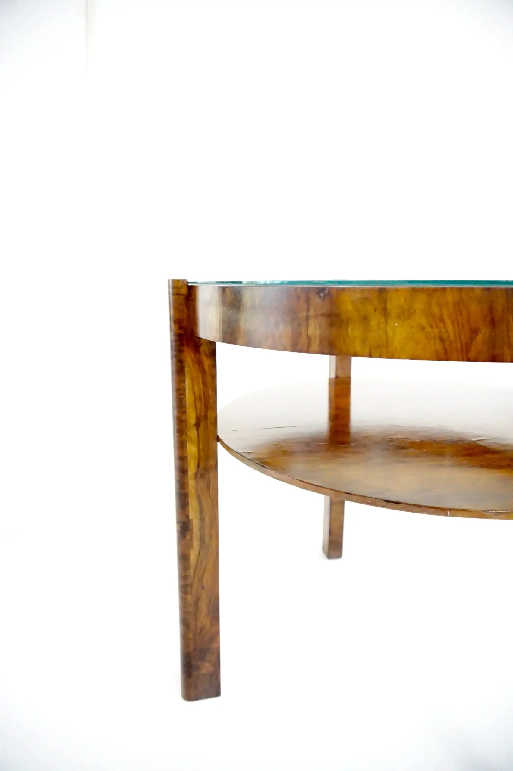 Osvaldo Borsani round walnut root deco coffee table, bi shelves, glass top, 1931 — image 3