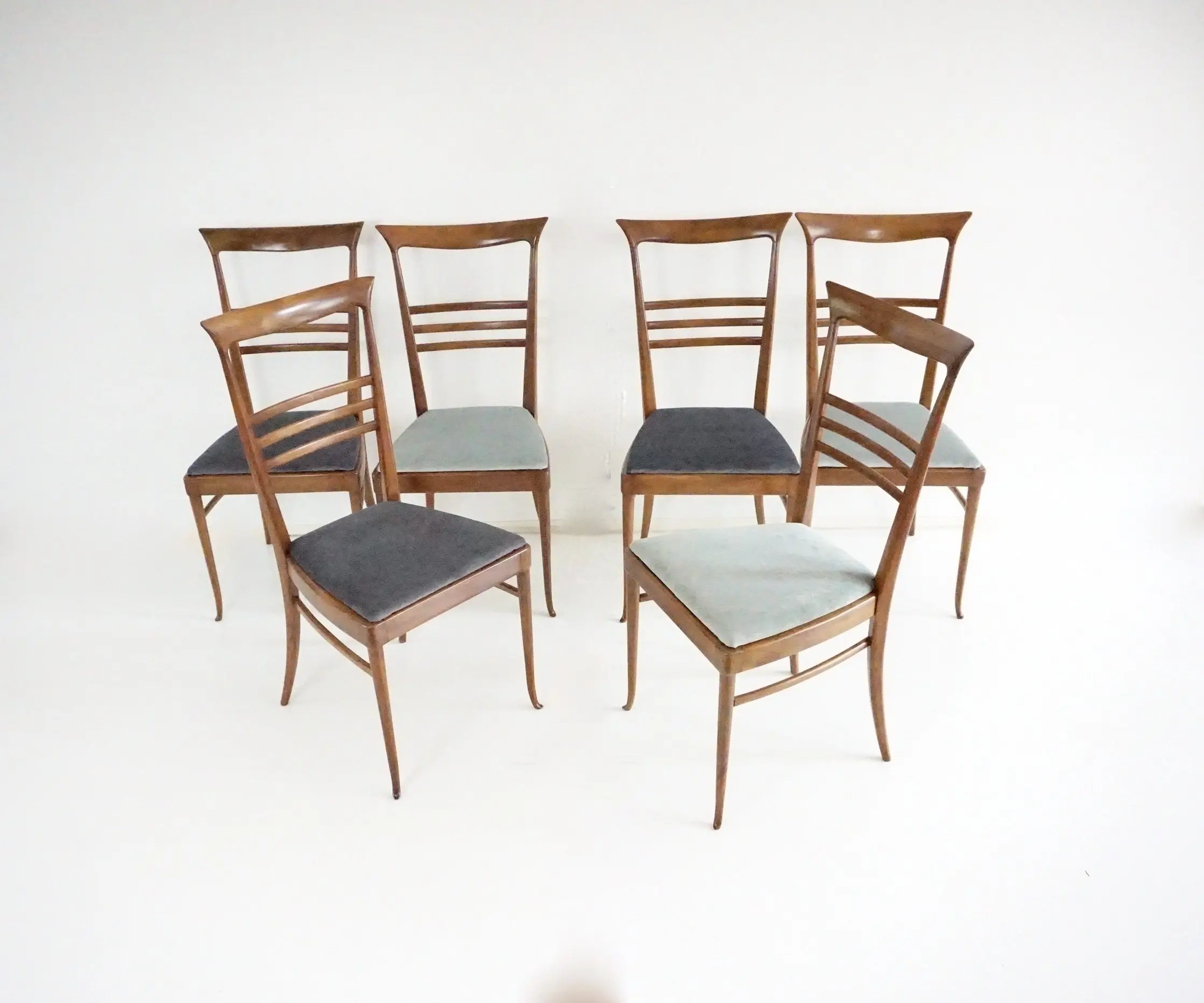 fine set of 6 Melchiorre Bega walnut  and velvet high back dining chairs, 1950 — Melchiorre Bega