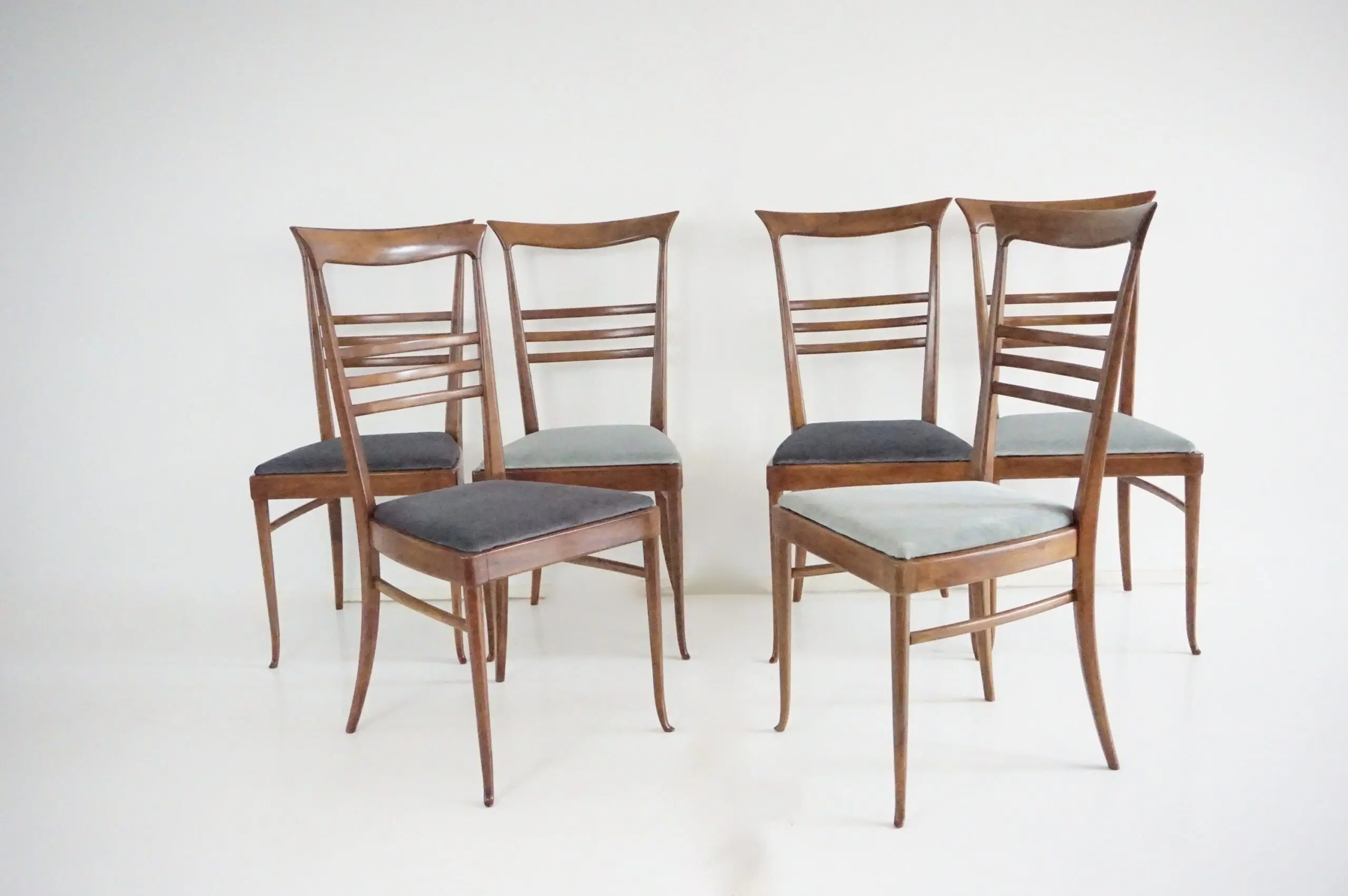 fine set of 6 Melchiorre Bega walnut and velvet high back dining chairs, 1950 — image 3