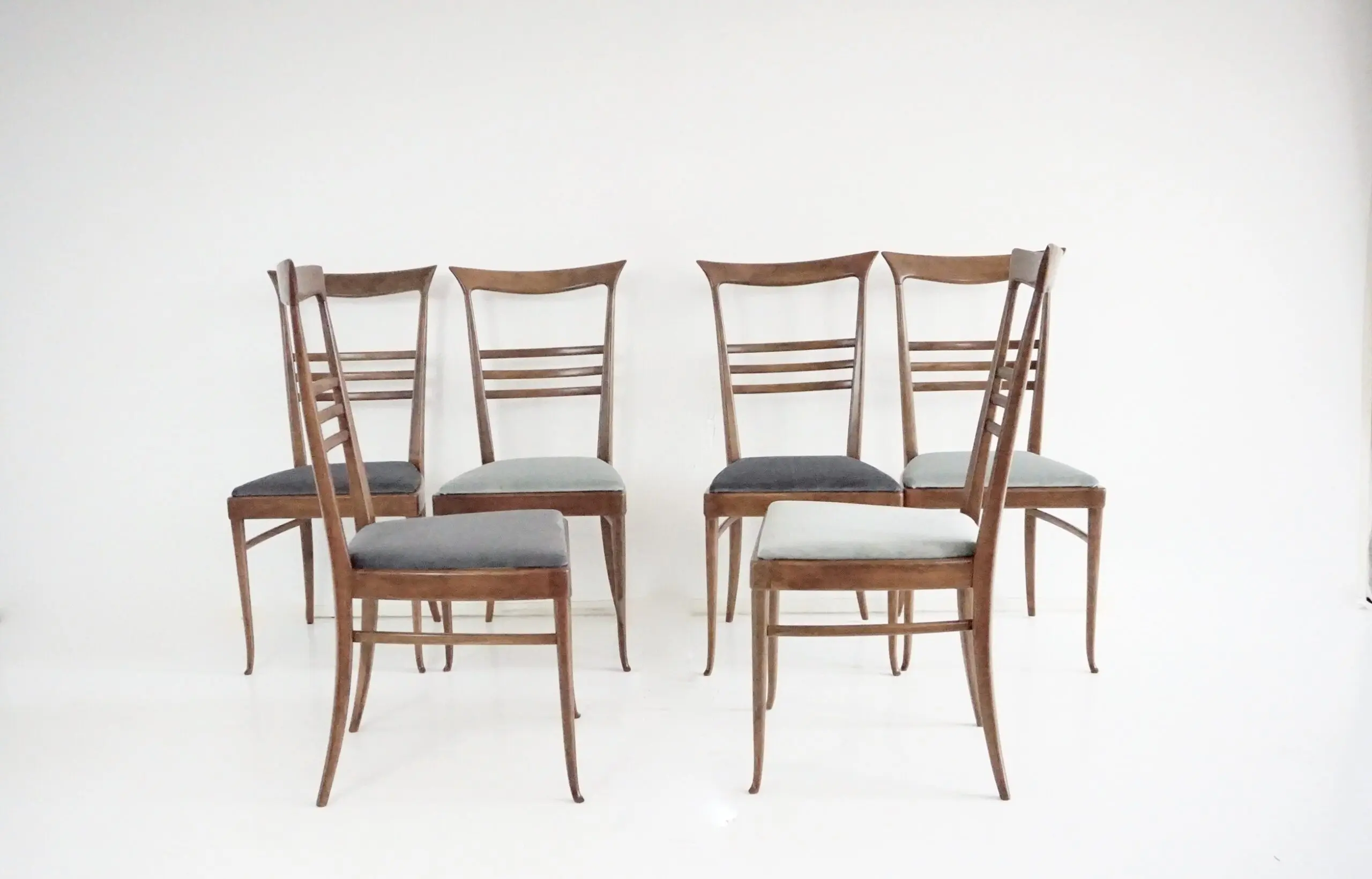 fine set of 6 Melchiorre Bega walnut and velvet high back dining chairs, 1950 — image 2