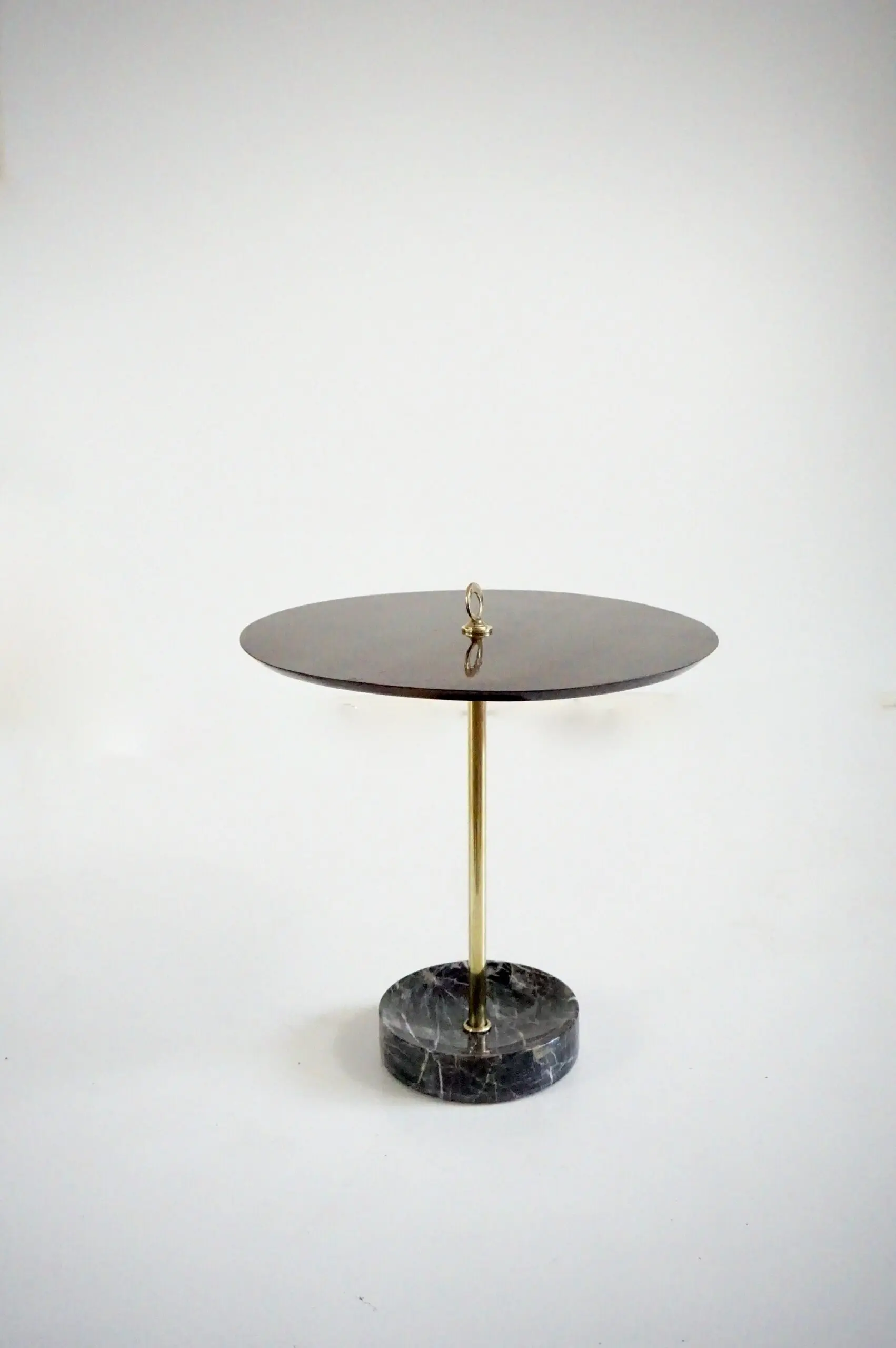 round  gueridon side table brass, marble and walnut, C6, Lorenzo Ciompi, 2025 — Lorenzo Ciompi