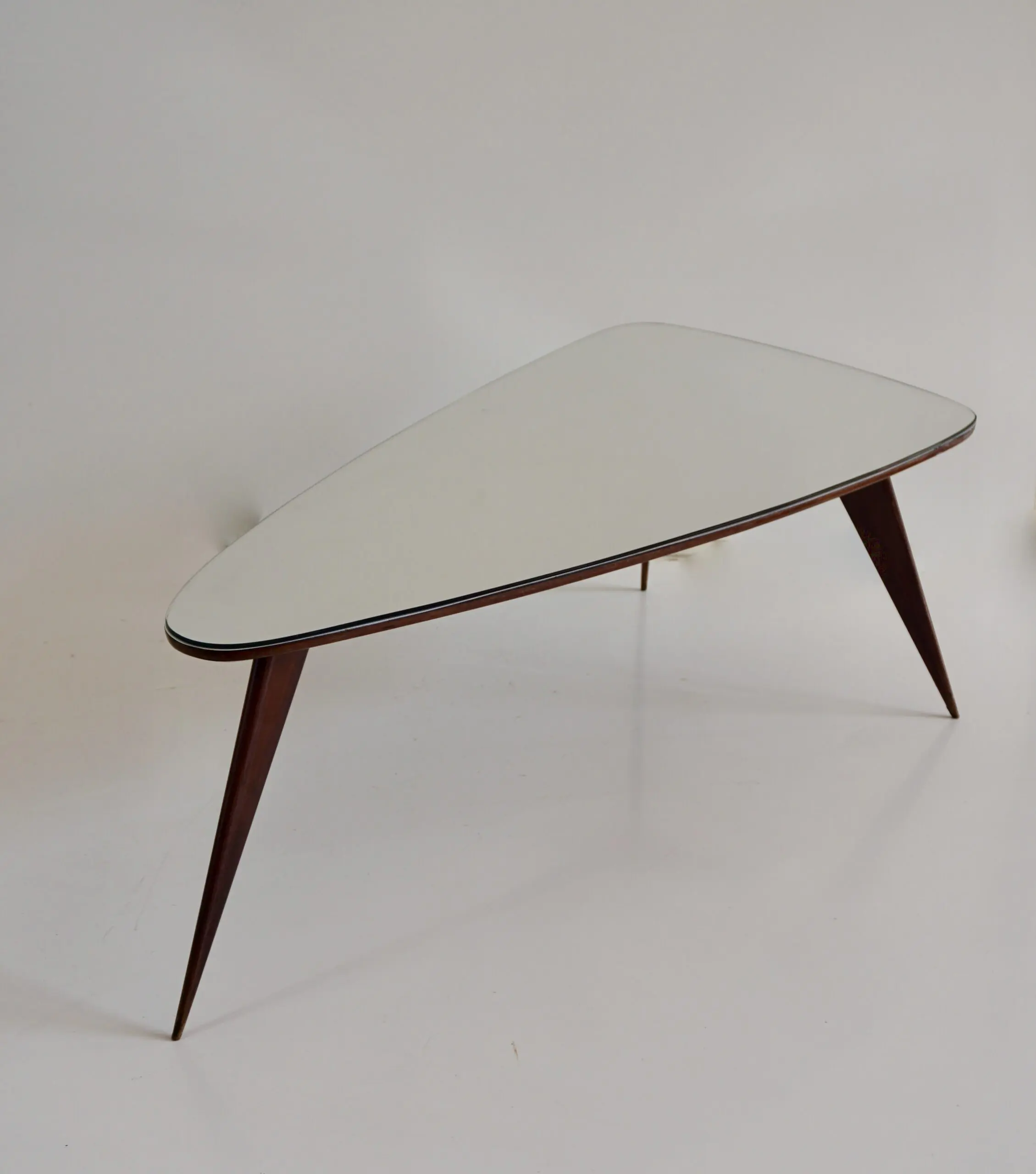 large Cesare Lacca walnut coffee table, three feet irregular shape, mirrored top — image 2