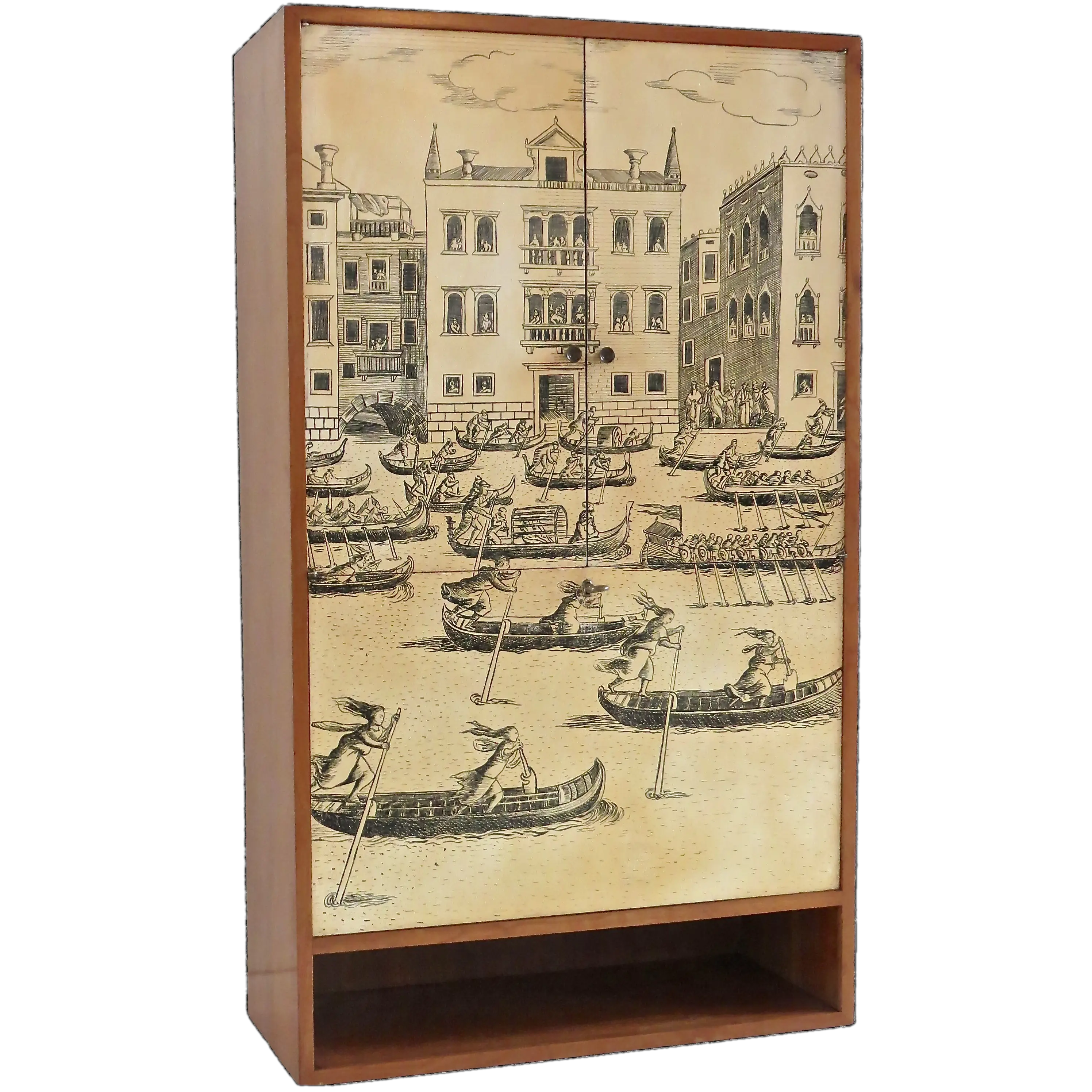 Hanging Litographic Transfer-Printed Wood Cabinet "Venezia", Fornasetti style circa 1950 — Fornasetti