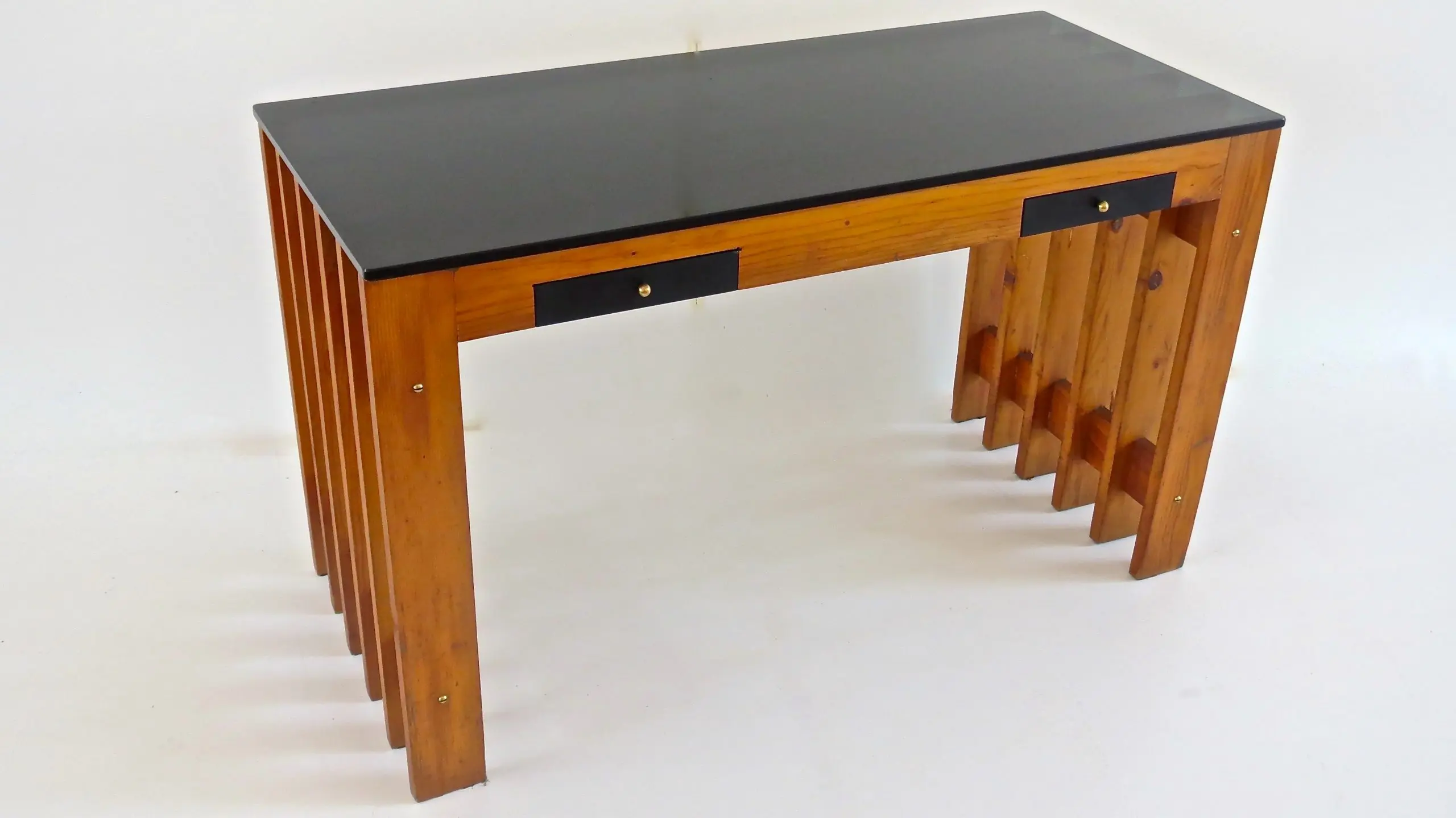 Italian Unique Pine Desk Console Black Opaline Glass Top, 1960 — image 3