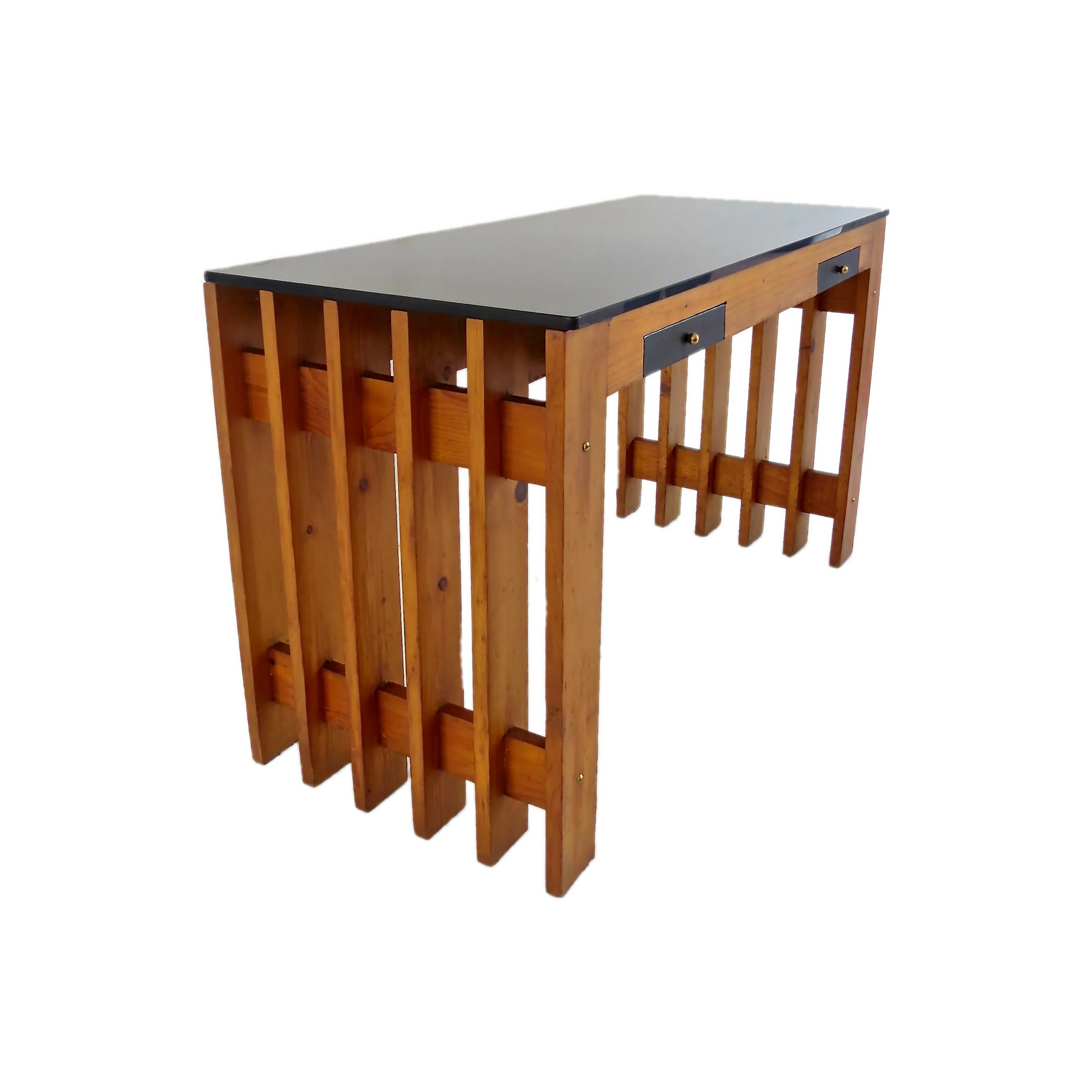 Italian Unique Pine Desk Console Black Opaline Glass Top, 1960 — Unknown
