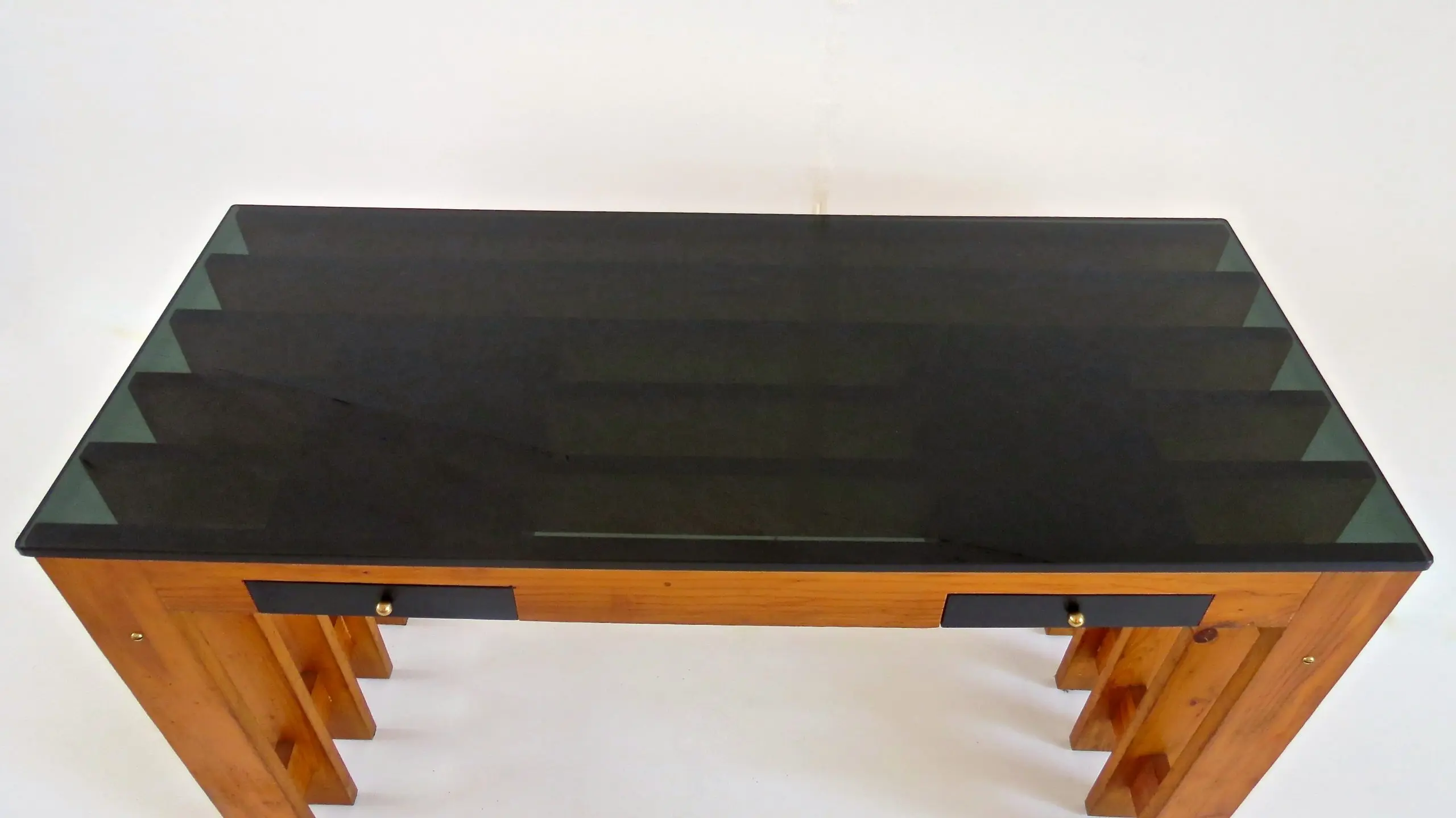 Italian Unique Pine Desk Console Black Opaline Glass Top, 1960 — photo 9