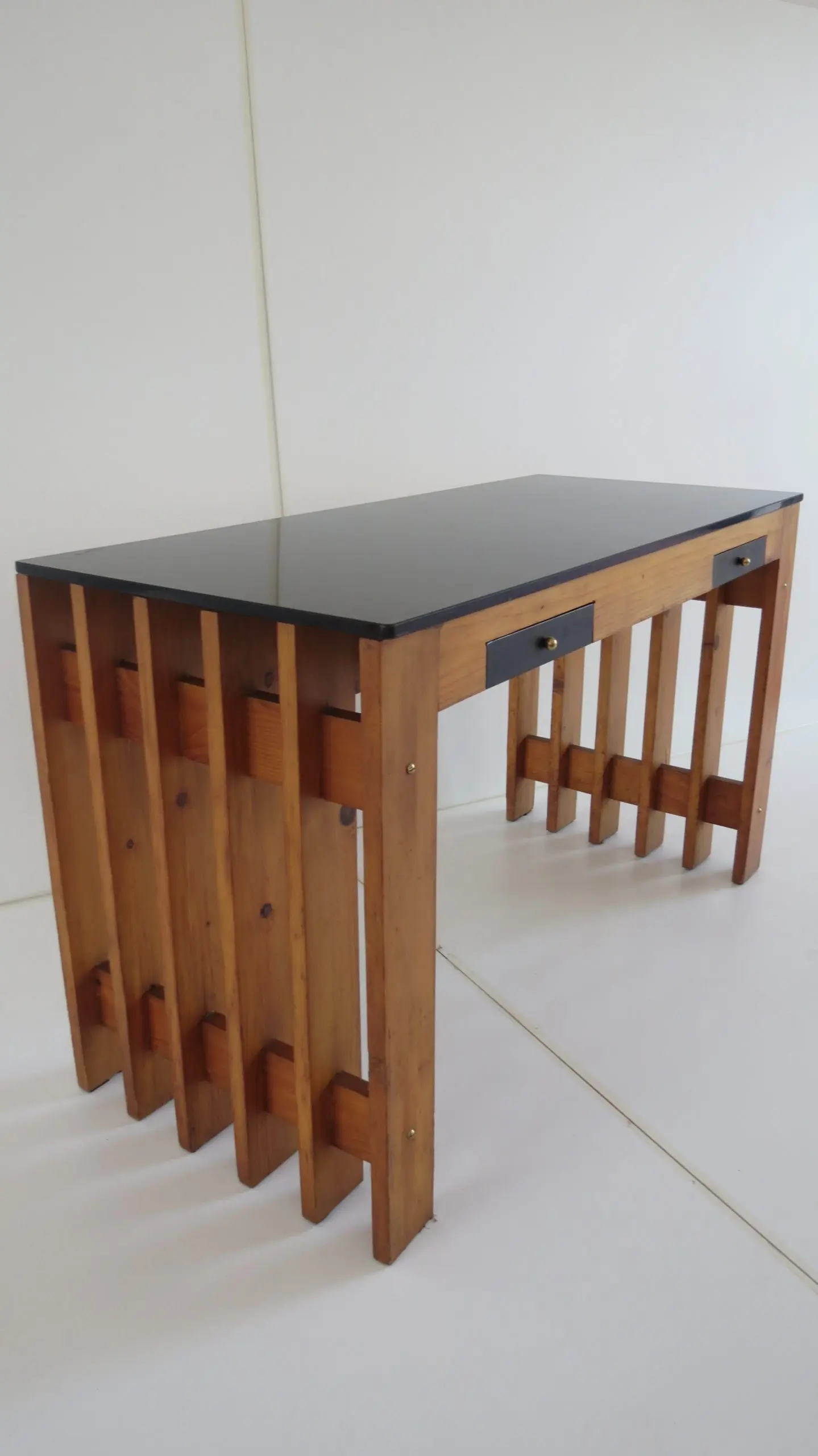 Italian Unique Pine Desk Console Black Opaline Glass Top, 1960 — photo 7