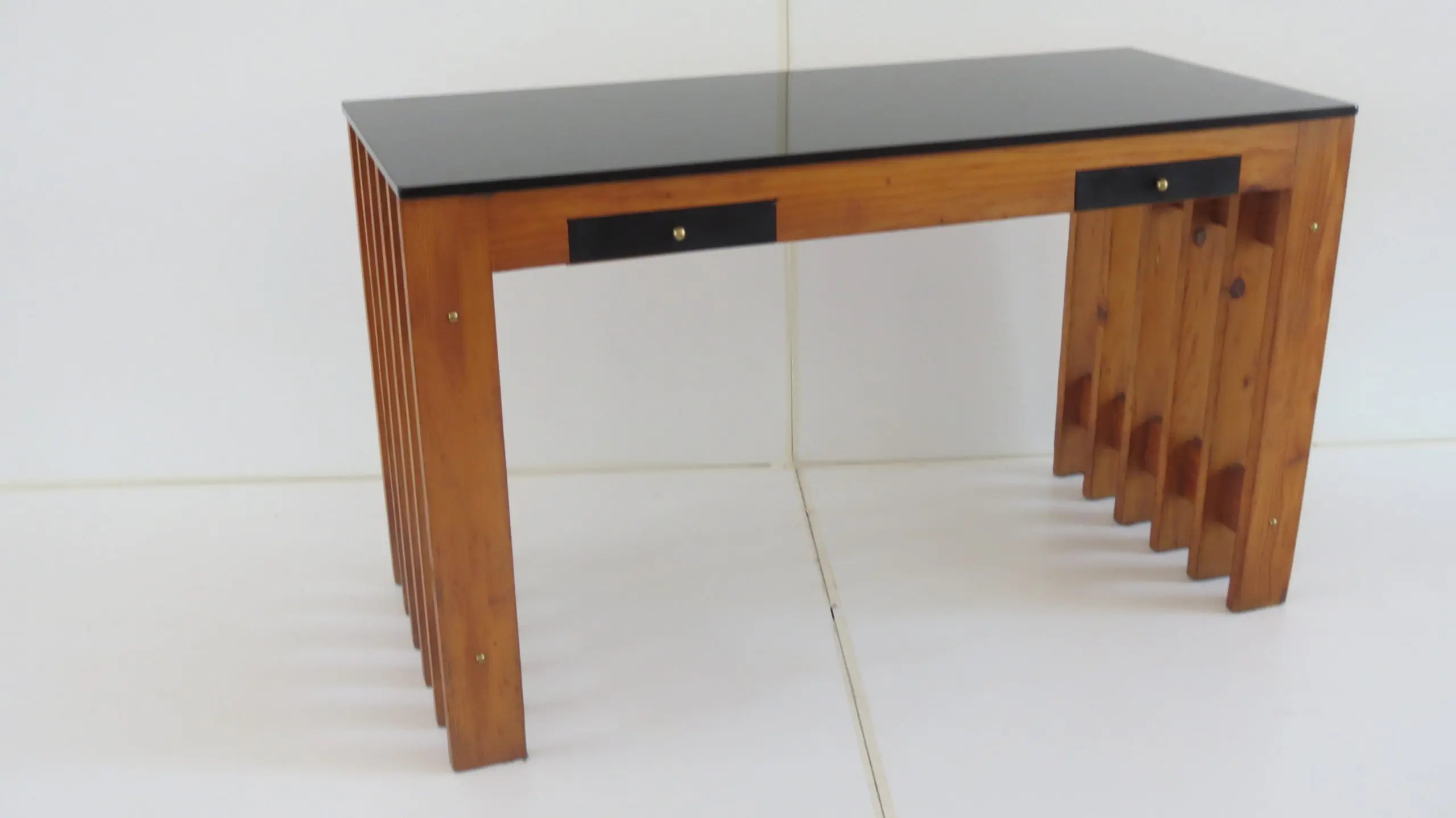 Italian Unique Pine Desk Console Black Opaline Glass Top, 1960 — image 2