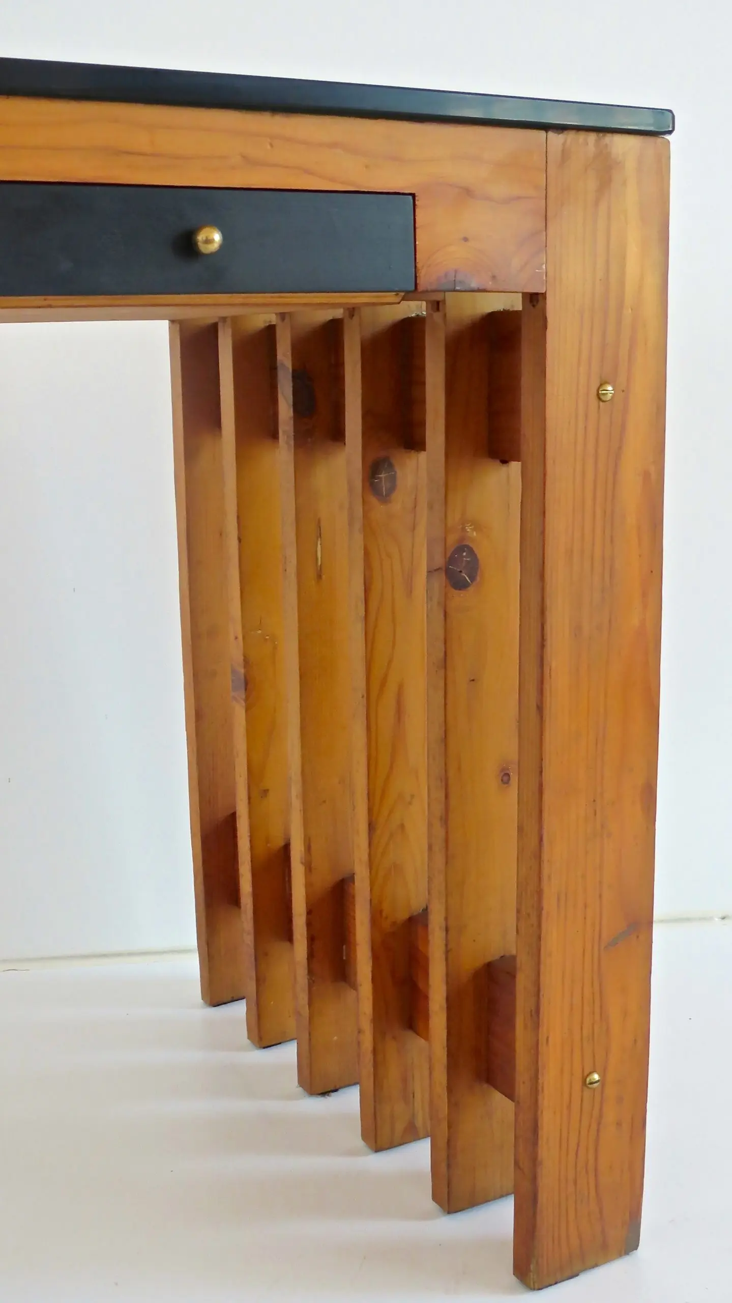 Italian Unique Pine Desk Console Black Opaline Glass Top, 1960 — photo 8