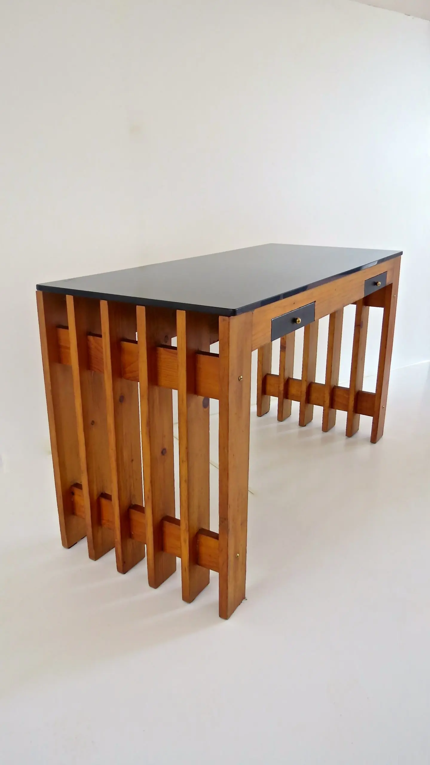 Italian Unique Pine Desk Console Black Opaline Glass Top, 1960 — photo 6
