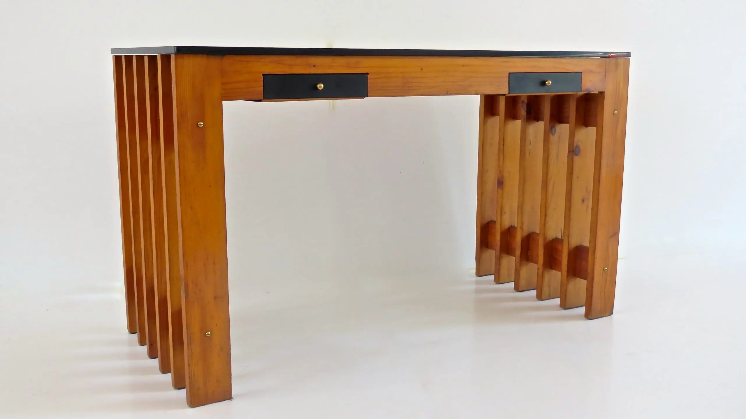 Italian Unique Pine Desk Console Black Opaline Glass Top, 1960 — photo 4