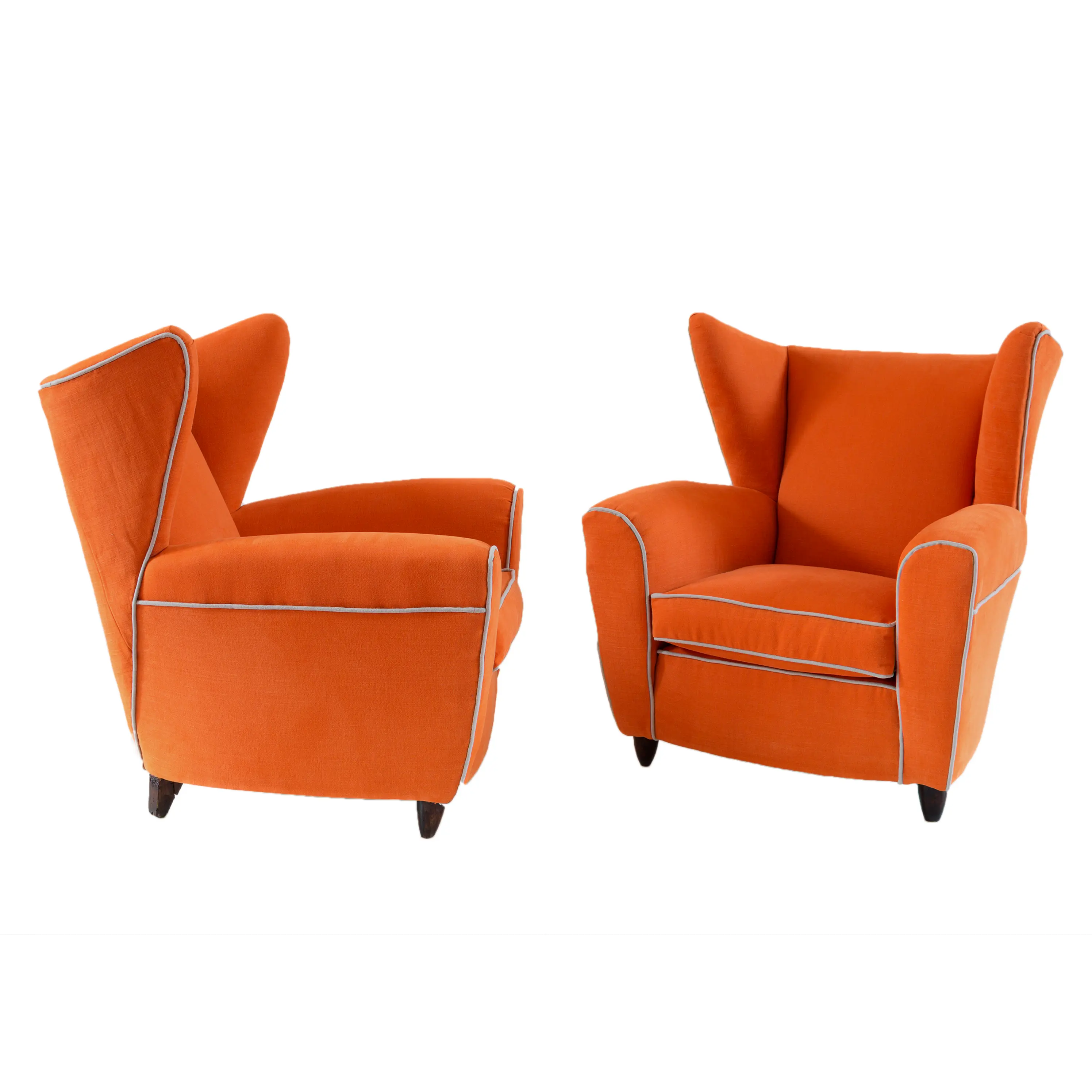 Pair of orange large wingback armchairs,att. to Melchiorre Bega, 1952 — Melchiorre Bega